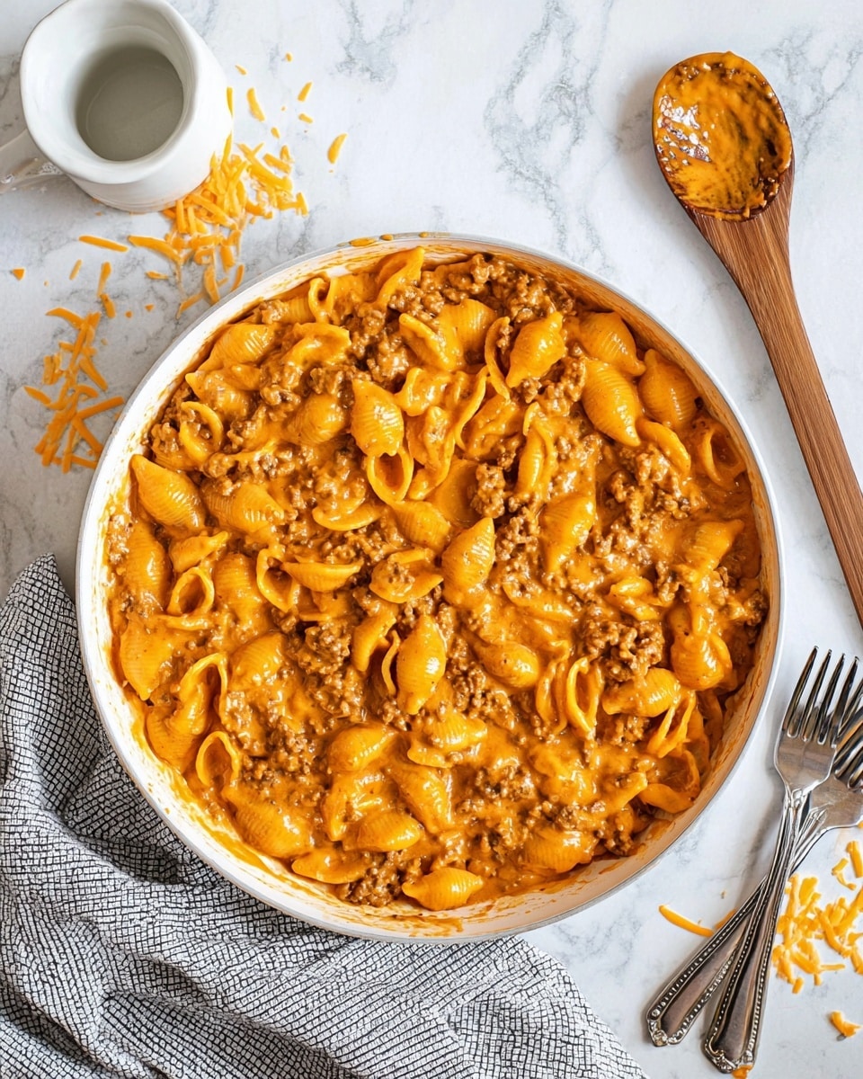 The image shows a white pan filled with pasta shells mixed evenly with ground meat and covered in a thick, creamy orange sauce. The pasta and meat layers are fully combined, creating a textured surface with small, visible pasta shapes and meat bits throughout. The sauce coats everything richly with a smooth, slightly glossy finish. The pan handle is wooden, and it rests on a white marbled surface with a gray and white checkered cloth underneath. A wooden spoon with some sauce residue is on the right side, and a white cup is placed near the top left, with a few shredded orange cheese pieces scattered nearby. Two forks are at the bottom right of the image. Photo taken with an iphone --ar 4:5 --v 7
