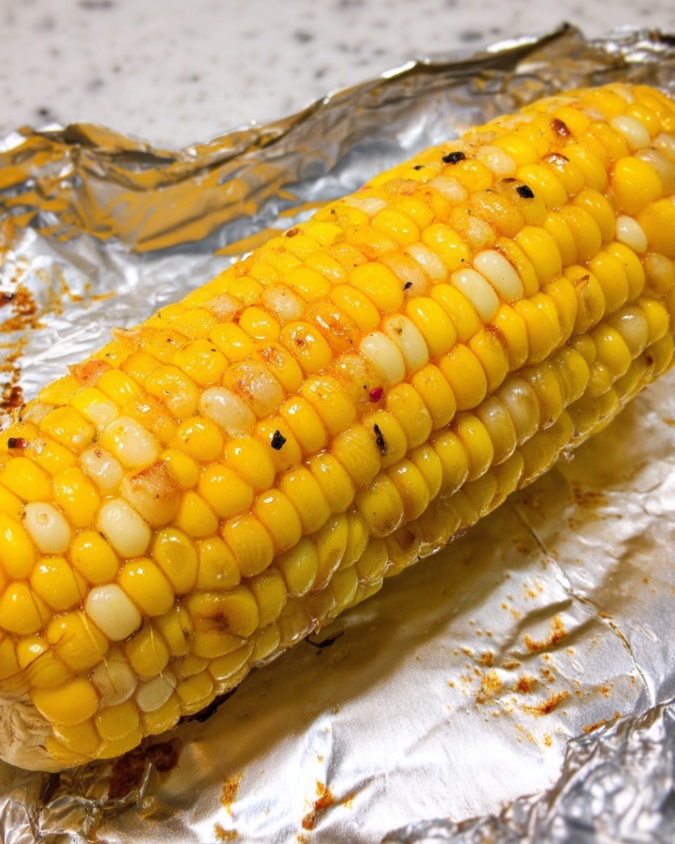 A close-up of a cooked ear of corn with bright yellow and pale yellow kernels, some showing small black grill marks and shiny texture from butter or oil. The corn lies on slightly crinkled foil with some browned spots, all placed on a white marbled textured surface. photo taken with an iphone --ar 4:5 --v 7