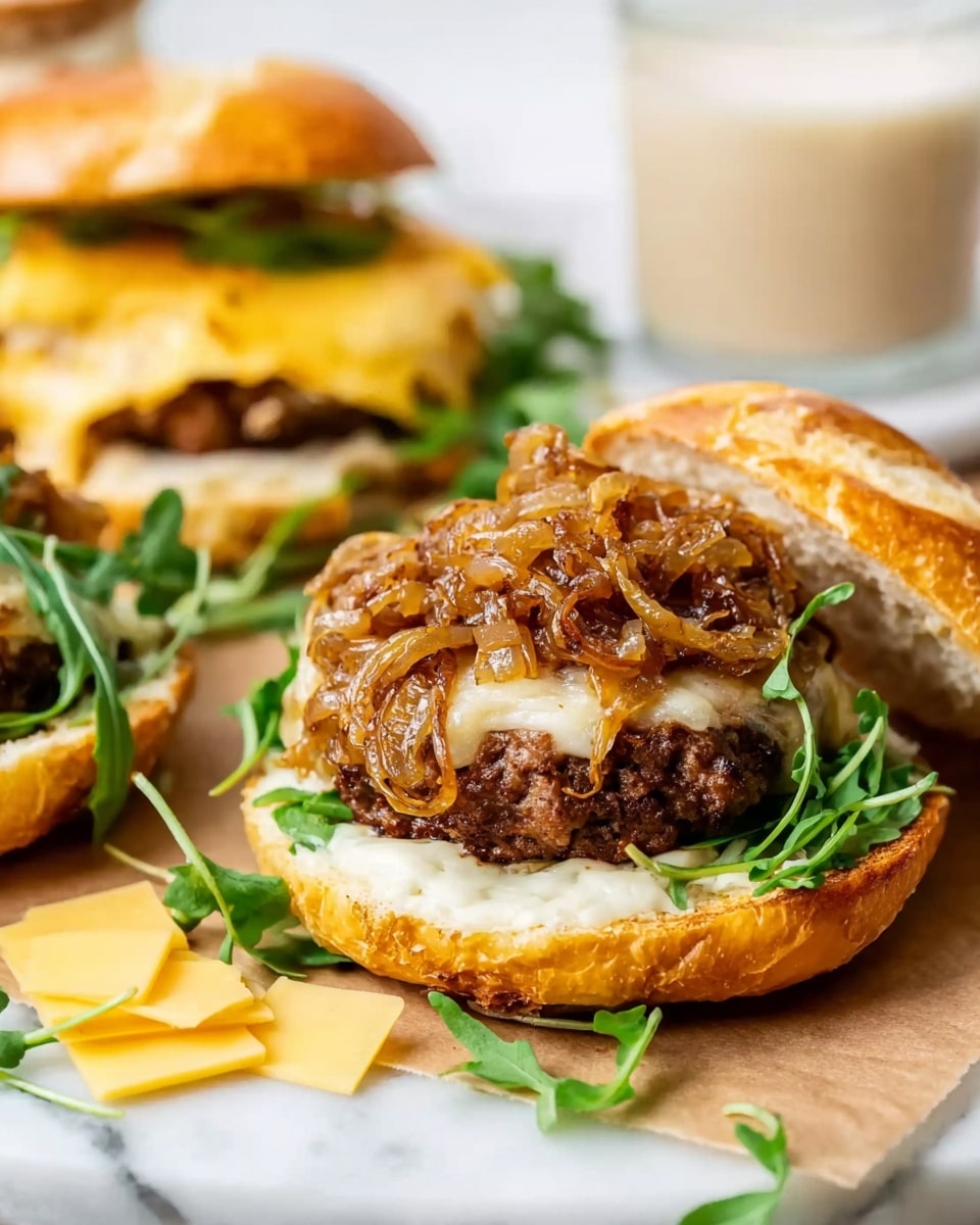 The image shows an open sandwich with three layers on a white bun placed on brown paper over a white marbled surface. The bottom layer is a melted white cheese spread, covering the whole base of the bun. On top of that sits a thick, cooked beef patty with a brown, juicy texture. Finally, a generous pile of cooked, soft caramelized onions in a light golden-brown color rests on the patty. Around the sandwich are fresh green arugula leaves and thin slices of yellow cheese with holes. Behind it, a closed sandwich with melted cheese and green leaves inside can be seen on the same white marbled surface. A glass with light creamy liquid is visible in the top right corner. Photo taken with an iphone --ar 4:5 --v 7