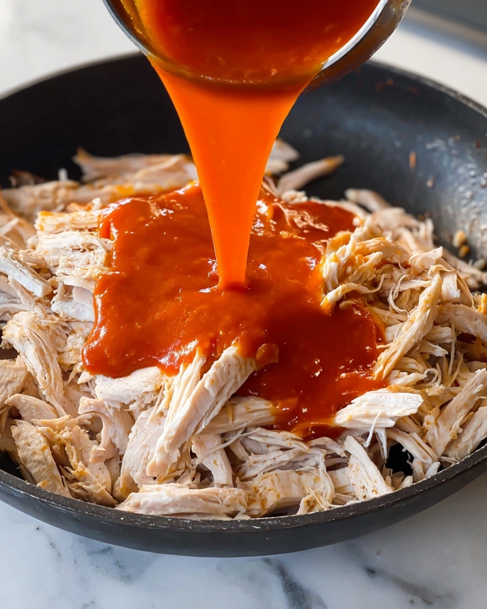 A close-up view shows shredded light beige chicken placed in a black pan, with a smooth, thick bright red-orange sauce being gently poured over the chicken from above, creating a vibrant contrast between the soft texture of the shredded meat and the shiny surface of the sauce. The scene is set on a white marbled surface that softly reflects light, adding a clean and fresh look. photo taken with an iphone --ar 4:5 --v 7