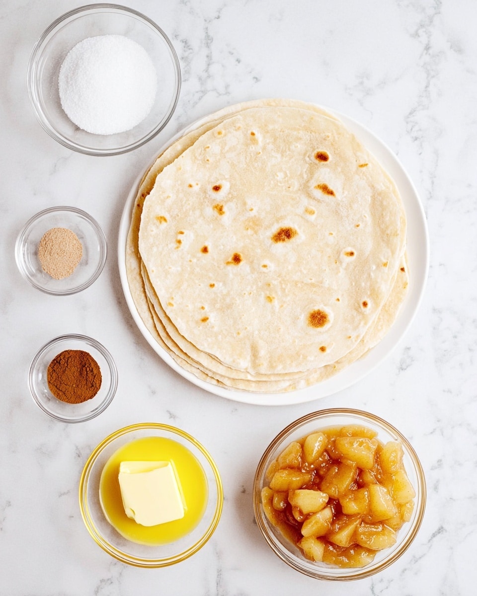 A stack of six light beige soft tortillas with some small golden brown spots lies in the center on a white plate. Around the plate on a white marbled surface are four small clear glass bowls: one with white sugar, one with brown cinnamon powder, one with melted yellow butter, and one with a chunky, light brown fruit mixture that looks like chopped apples in syrup. The items are all spaced evenly. photo taken with an iphone --ar 4:5 --v 7