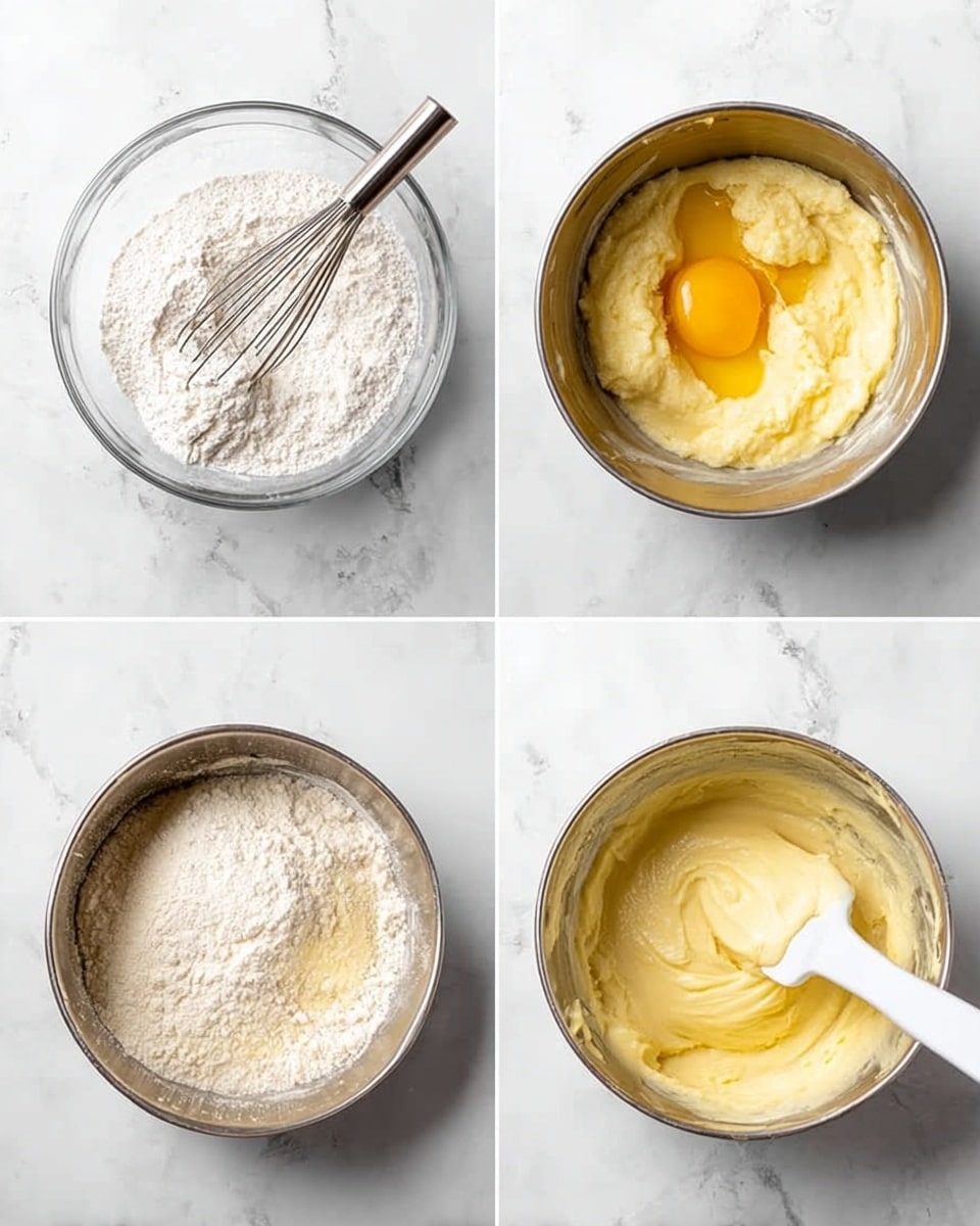 The image shows four bowls arranged in a 2x2 grid on a white marbled surface. The top left bowl is clear glass, filled with white flour and a metal whisk resting inside it. The top right bowl is metal, containing a yellow creamy mixture with one egg yolk visible. The bottom left bowl is the same metal bowl with the yellow mixture partially covered by a layer of white flour or powder. The bottom right bowl shows the same metal bowl with a light yellow batter mixed smoothly, with a white spatula partially inside it. photo taken with an iphone --ar 4:5 --v 7