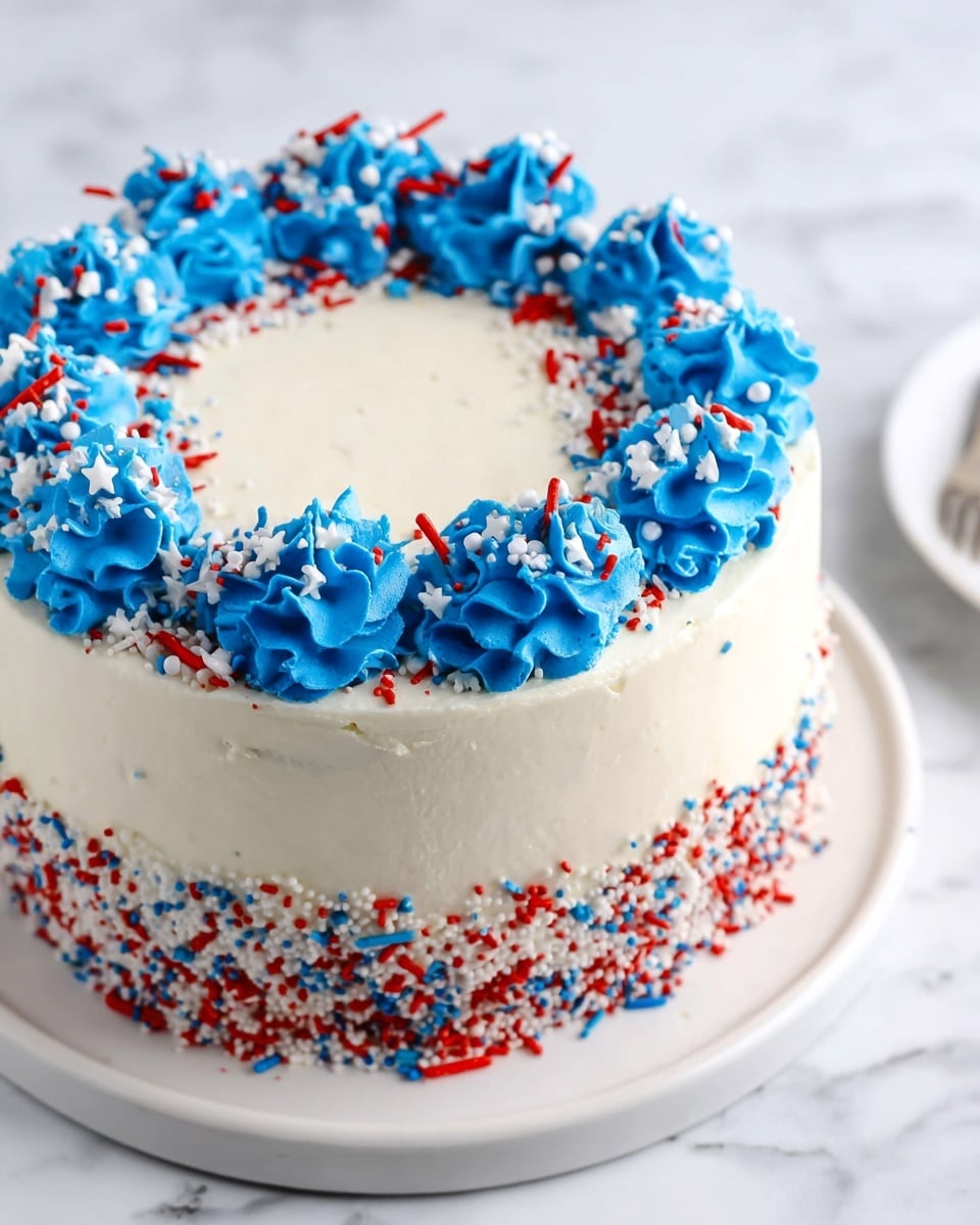 This is a three-layer round cake covered in smooth white frosting. The top edge has evenly spaced bright blue frosting swirls piped in ruffled shapes. Red, white, and blue sprinkles including small rods, stars, and tiny balls are scattered across the top and around the base of the cake. Around the base, there is a thick band of denser sprinkles in the same colors, mixing large and small round pieces for texture. The cake sits on a white plate against a white marbled background. Photo taken with an iphone --ar 4:5 --v 7