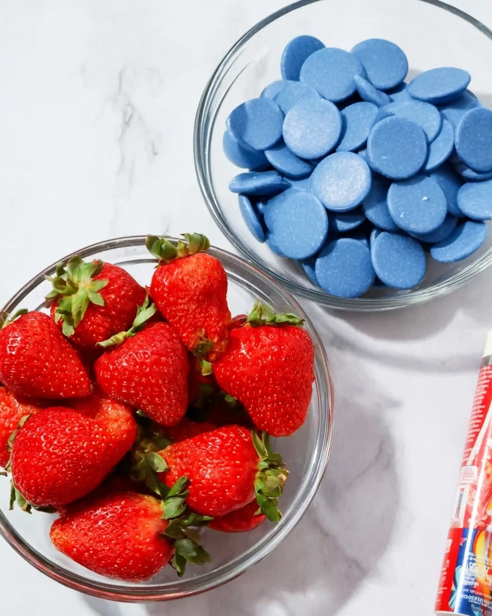 The image shows two clear glass bowls placed on a white marbled surface. The top bowl is filled with bright red strawberries that have green leafy tops, with the strawberries looking fresh and slightly shiny. The bottom bowl contains many round, flat blue chocolate discs that have a smooth texture and are stacked loosely. A small part of a white and red tube with a colorful pattern is visible on the right edge of the image near the top bowl. photo taken with an iphone --ar 4:5 --v 7