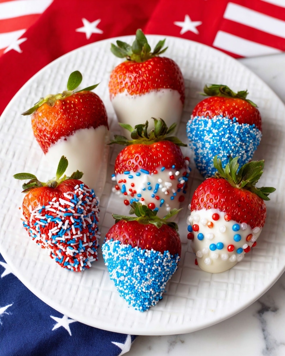 Six strawberries are arranged on a white plate with a grid texture, placed on a white marbled surface with a red cloth and a blue cloth with stars nearby. Each strawberry is dipped halfway in white chocolate, showing the bright red top and green leaves. The white chocolate layer covers the bottom half of each strawberry. Four strawberries are decorated with different sprinkles: two with red, blue, and white small rod-shaped sprinkles, one with blue sugar crystals on the bottom half, one with a pattern of red and blue small round and star-shaped sprinkles, and one with red, blue, and white round pearls. The strawberries are fresh and shiny with a smooth chocolate coating. photo taken with an iphone --ar 4:5 --v 7