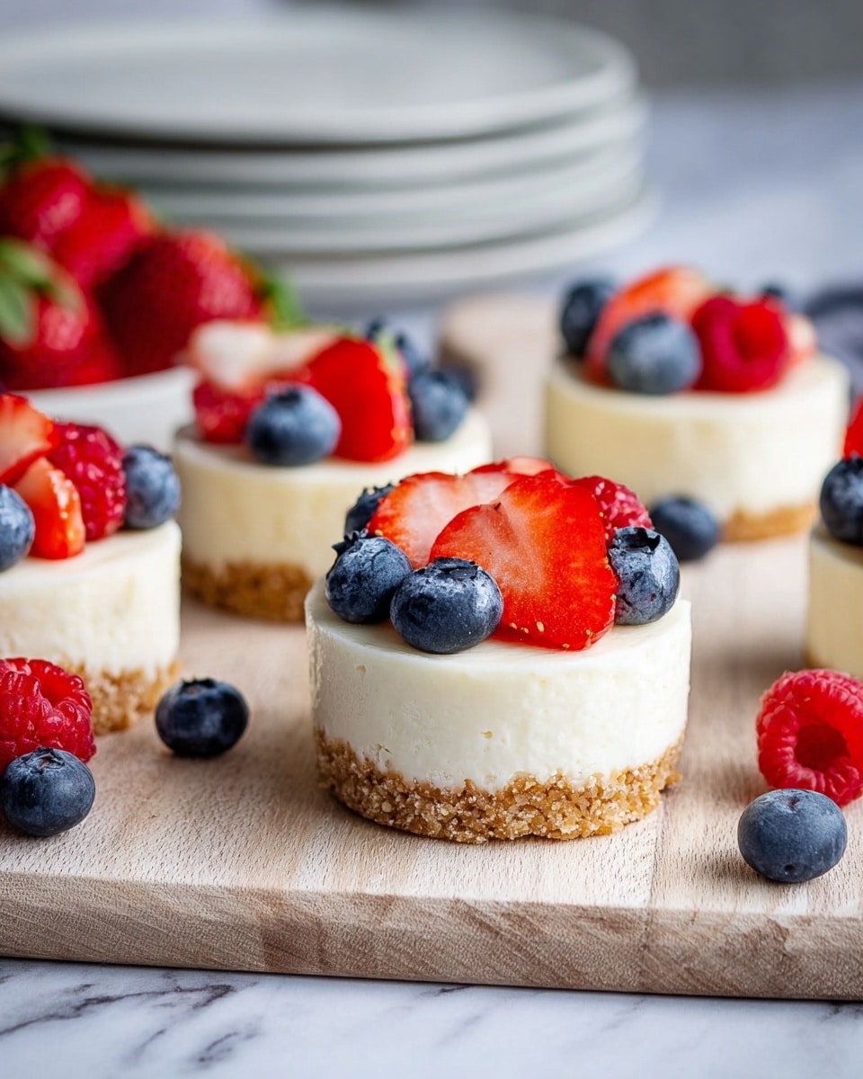 Small round cheesecakes sit on a light wooden board over a white marbled texture. Each cheesecake has two layers: a crumbly light brown base and a smooth creamy white top. On the creamy white layer, fresh blueberries and sliced strawberries are arranged in a decorative pattern, with some raspberries also present. Extra blueberries are scattered on the board around the cheesecakes. In the background, there is a blurred stack of white plates. The photo taken with an iphone --ar 4:5 --v 7