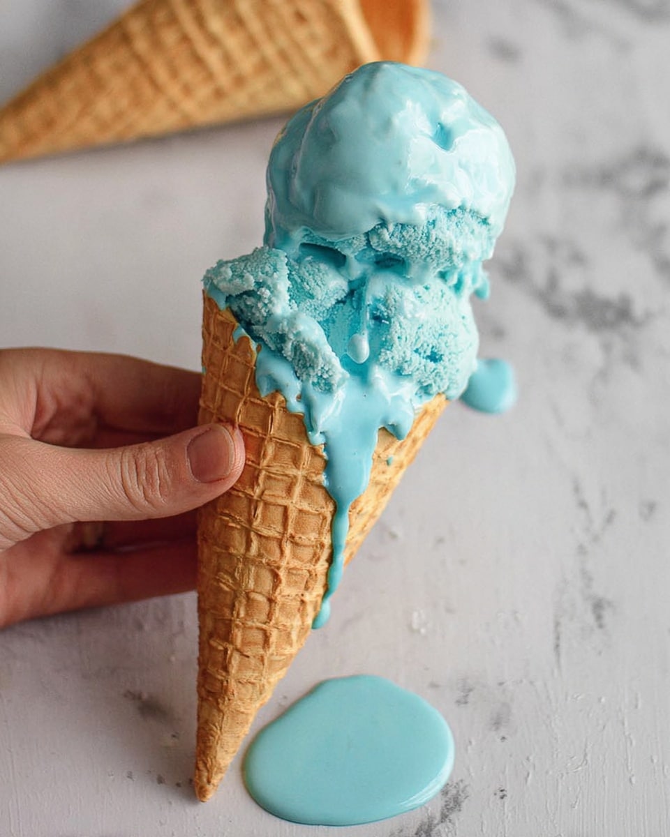 A close-up of a light brown waffle cone held by a woman's hand from the left side, filled with one scoop of bright blue ice cream that is melting and dripping slowly down the cone and onto a white marbled surface below. In the background, there is another waffle cone lying on the white marbled surface with some melted blue ice cream near it, creating a smooth, shiny puddle. The texture of the waffle cone is crisp and detailed, and the ice cream looks creamy and soft. photo taken with an iphone --ar 4:5 --v 7