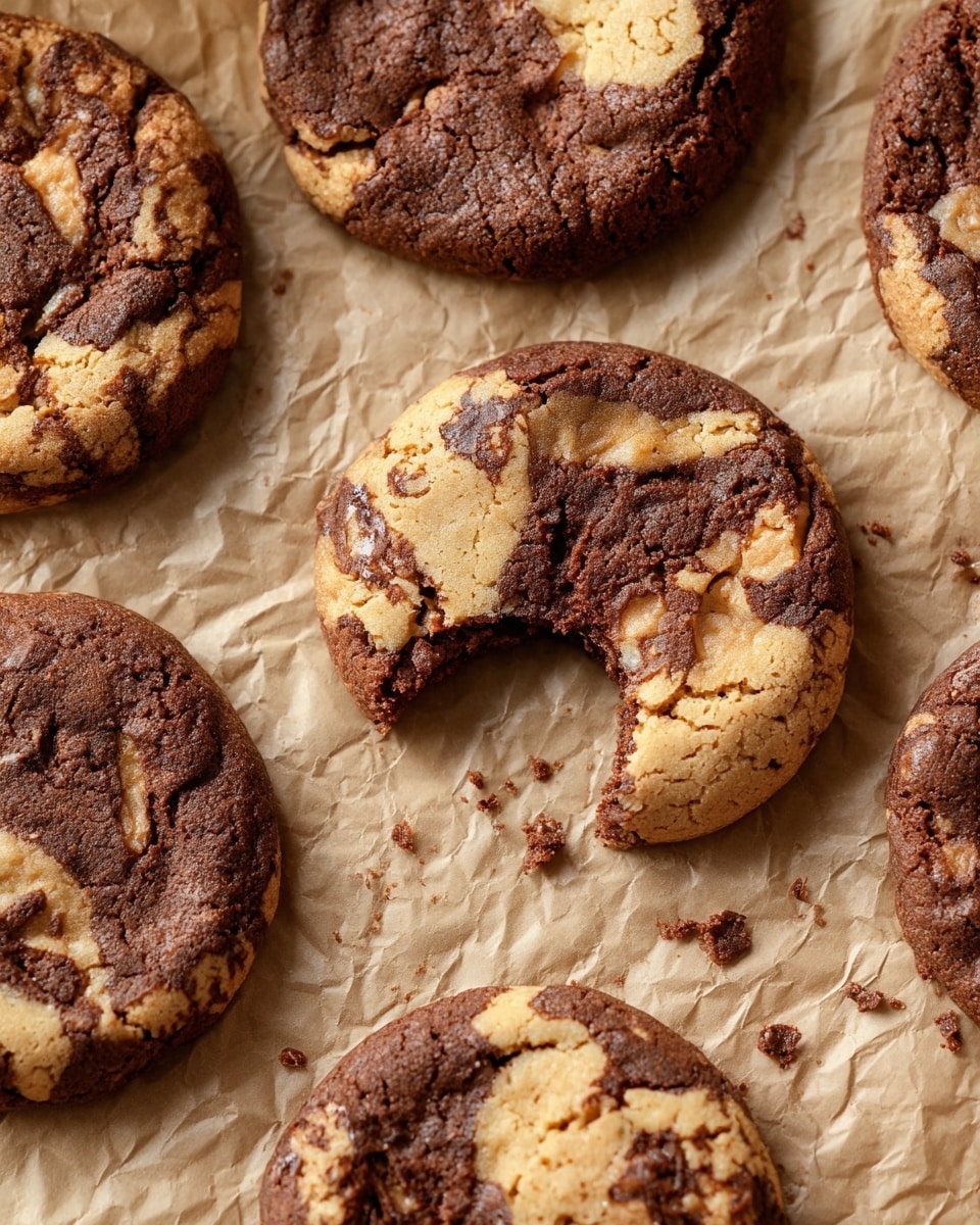 Several round cookies with a cracked texture are placed on crinkled brown parchment paper over a white marbled surface. The cookies are mostly dark brown with large patches of lighter beige spread irregularly throughout, giving a marbled look. One cookie in the center has a small bite taken out of it, showing a soft inside. There are small cookie crumbs scattered around. The photo shows a close-up top view of the cookies, highlighting their uneven surface and color contrast photo taken with an iphone --ar 4:5 --v 7