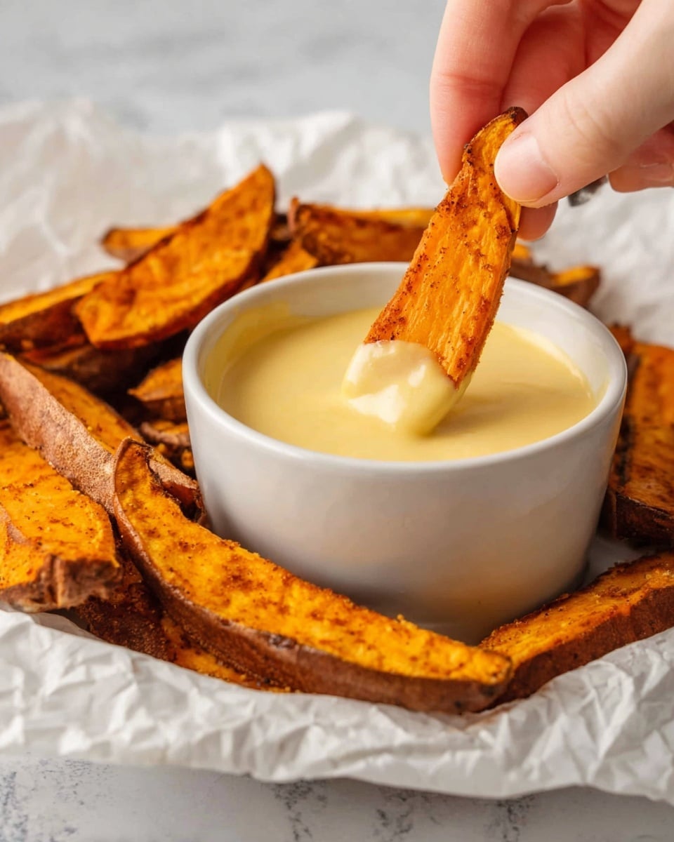 The image shows a white bowl filled with creamy light yellow sauce, sitting on white crumpled paper. Around the bowl, there are several thick slices of roasted sweet potato wedges with a golden orange color and a slightly crispy texture. A woman's hand is dipping one of the sweet potato wedges into the sauce. The background features a white marbled texture. photo taken with an iphone --ar 4:5 --v 7
