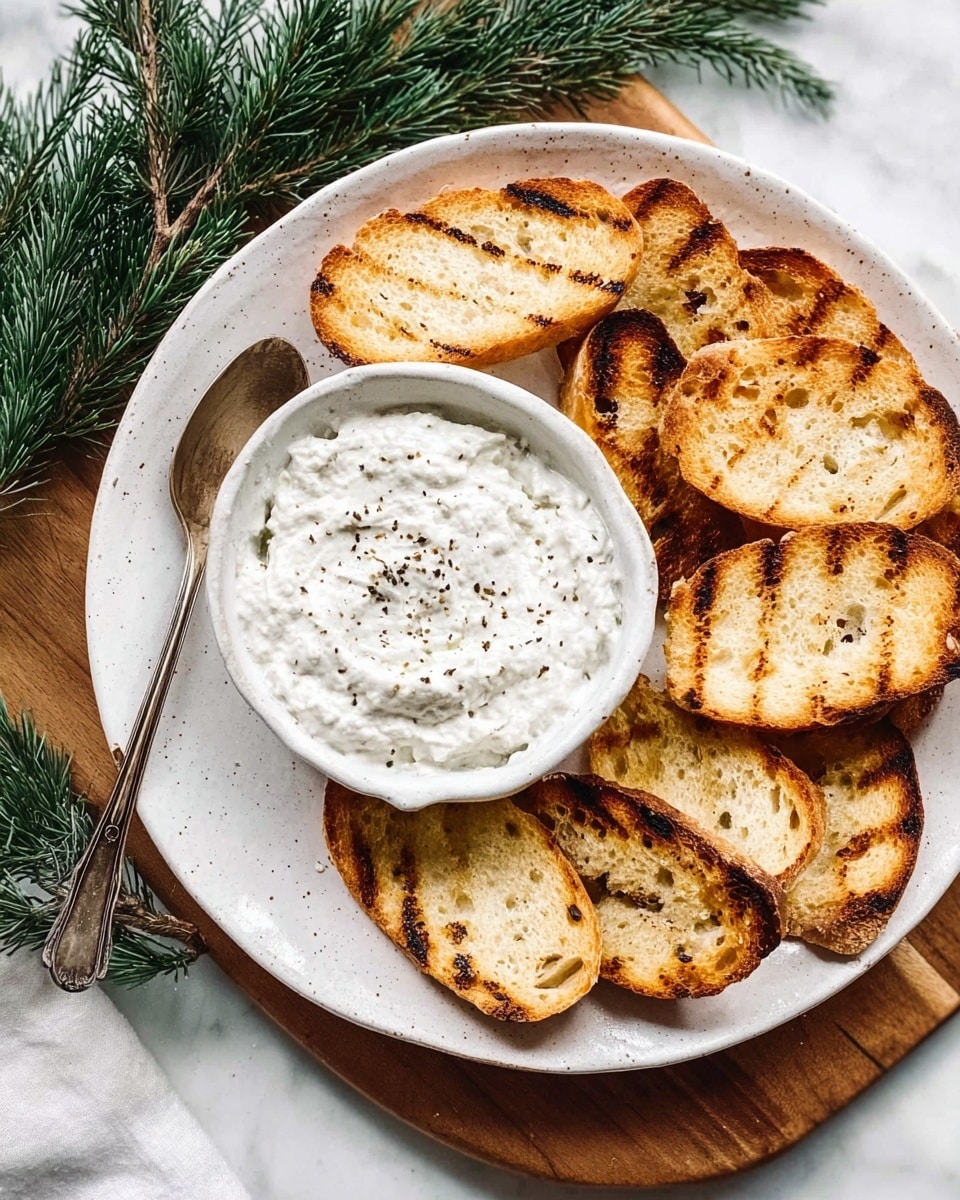 A white speckled plate sits on a wooden board with green fir branches peeking at the top left corner. The plate holds a small white bowl filled with a creamy white dip topped with small black pepper flakes. Surrounding the bowl are eight oval slices of toasted bread with golden edges and dark brown grill marks. A vintage silver spoon rests on the left side of the plate, next to the bowl. The entire setup is on a white marbled surface. photo taken with an iphone --ar 4:5 --v 7