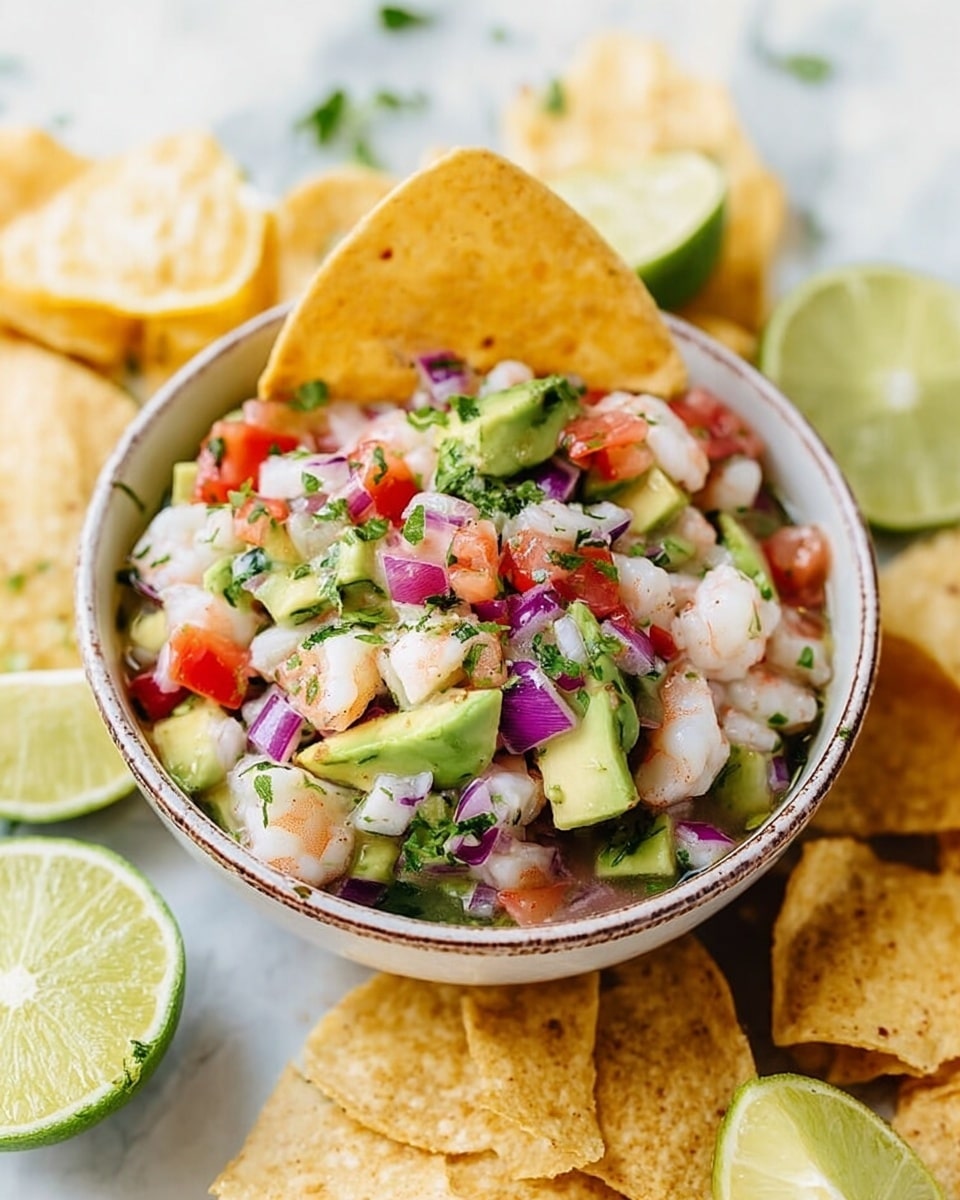 A close-up view of a tostada held by a woman's hand from the right side, showing layers starting with a golden, slightly charred crispy corn tostada base, topped with a colorful mixture of small, diced pieces of white shrimp, pale green cucumber chunks, red tomato cubes, purple onion bits, and bright green cilantro leaves, all mixed together and lightly sprinkled with black pepper. The background features a wooden board surface with a blurred white marbled texture and a halved lemon and lime adding fresh accents. Photo taken with an iphone --ar 4:5 --v 7