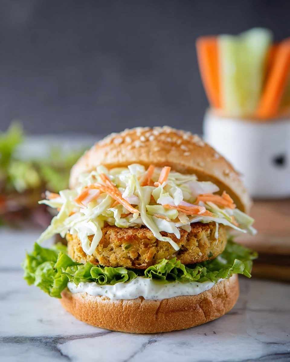 The image shows a sandwich with five layers on a white marbled surface. The bottom layer is a soft, light brown bun, spread with a thick, white creamy sauce. Above the sauce is a layer of fresh, bright green leafy lettuce. Next is a golden-brown, round veggie patty with a slightly rough texture. On top of the patty is a layer of creamy coleslaw made of shredded white cabbage, thin orange carrot strips, and chunks of pale green celery. The top bun, light brown with sesame seeds, is off to the side in the background, slightly blurred. In the very back, a white bowl holds carrot and celery sticks vertically. The photo is taken with an iphone --ar 4:5 --v 7