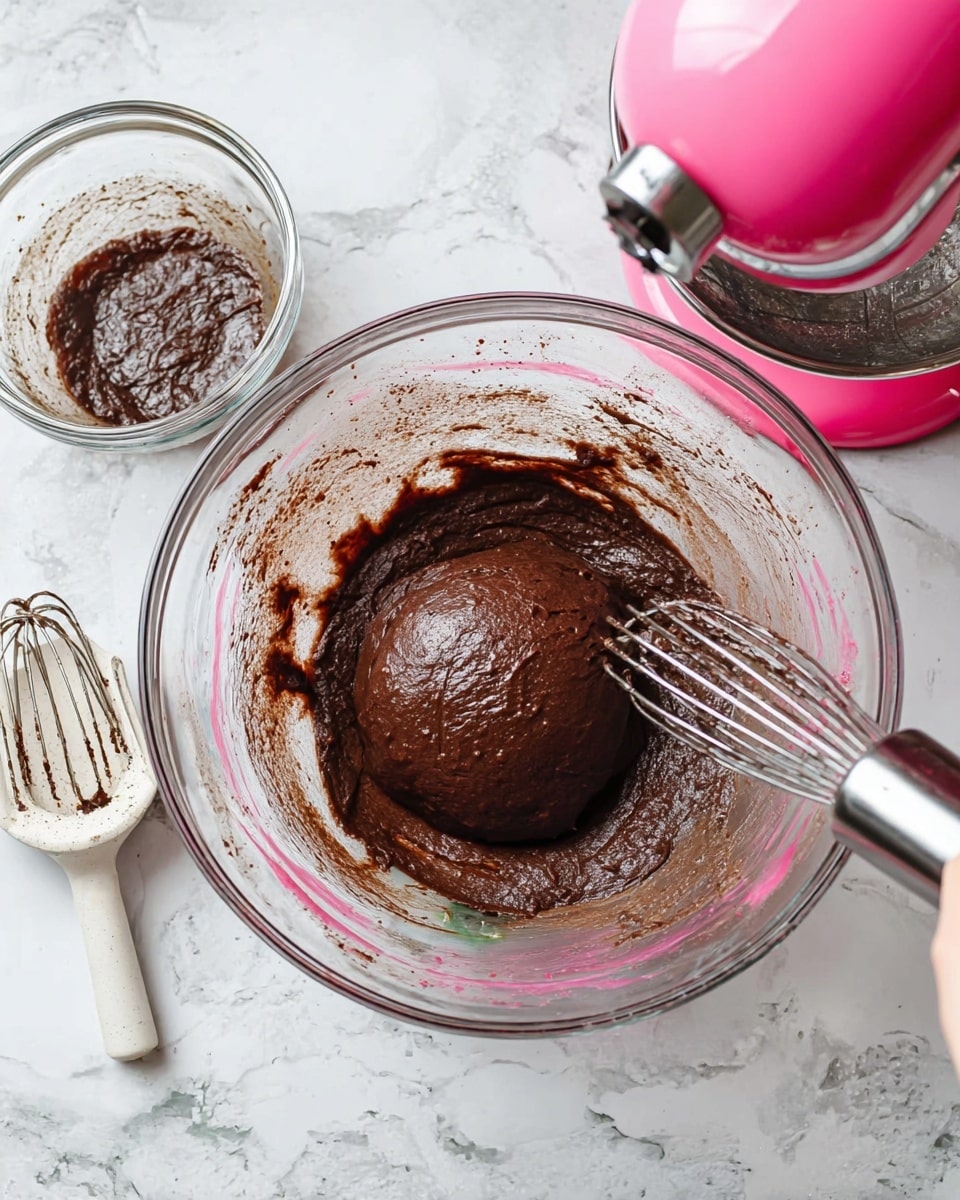 The image shows a clear glass mixing bowl with thick dark brown dough inside. The dough forms one smooth, round ball at the center. Around the bowl's sides, there are pink stains, likely from the dough or an earlier mixture. Next to the bowl is a white dough hook with brown dough residue on it. There is also a small clear glass bowl with a silver metal whisk inside. The items are placed on a white marbled surface. A woman's hand is holding a metal electric mixer inside the bowl. Photo taken with an iphone --ar 4:5 --v 7