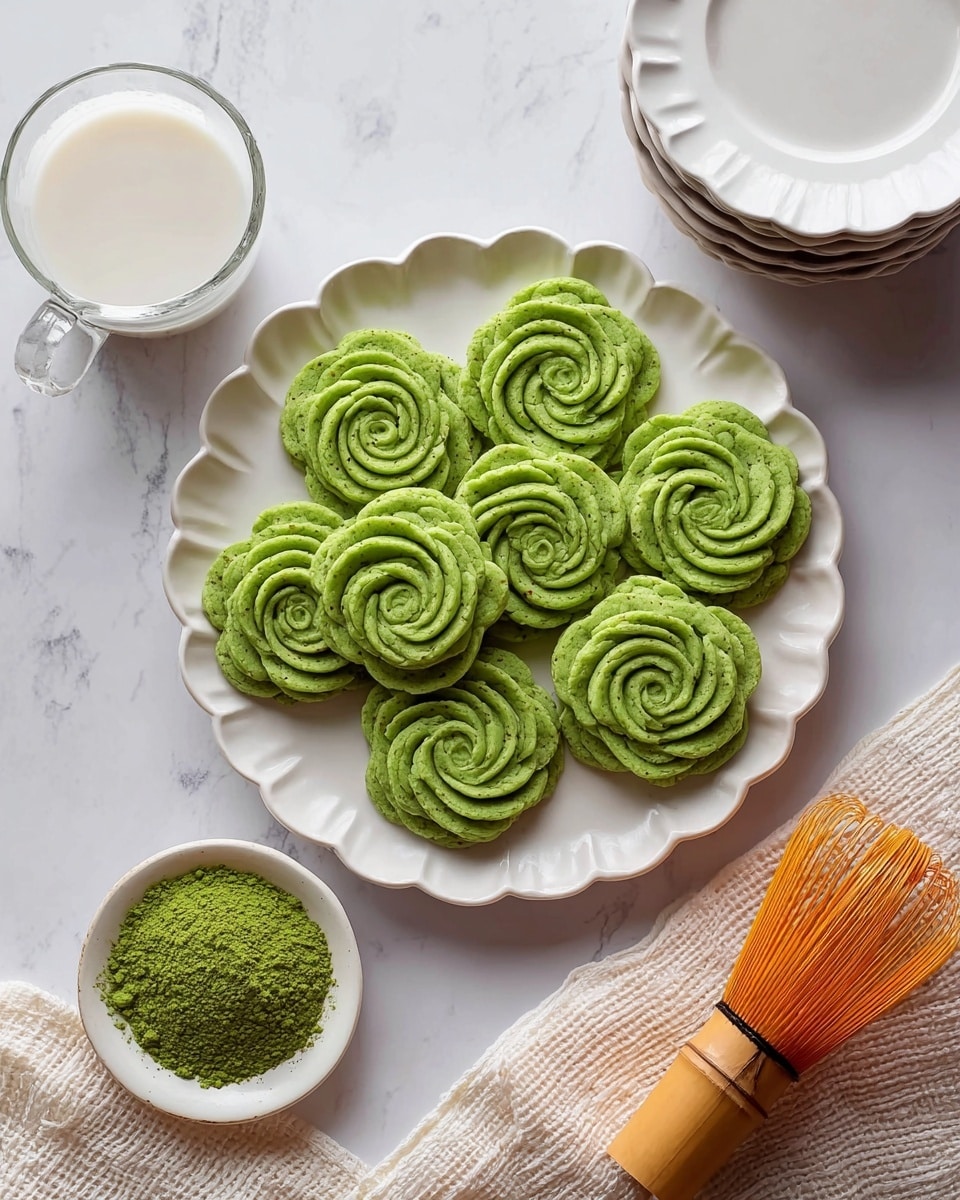 A white scalloped plate holds ten bright green cookies shaped like roses with detailed spiral petals, arranged in a slightly overlapping circular pattern. To the left is a small white bowl filled with green powder, matching the cookies' color. Above the plate, there is a glass cup filled with milk and two stacked white scalloped plates. On the right side, there is an orange bamboo whisk and the edge of a cream-colored textured cloth. All items rest on a white marbled surface. photo taken with an iphone --ar 4:5 --v 7