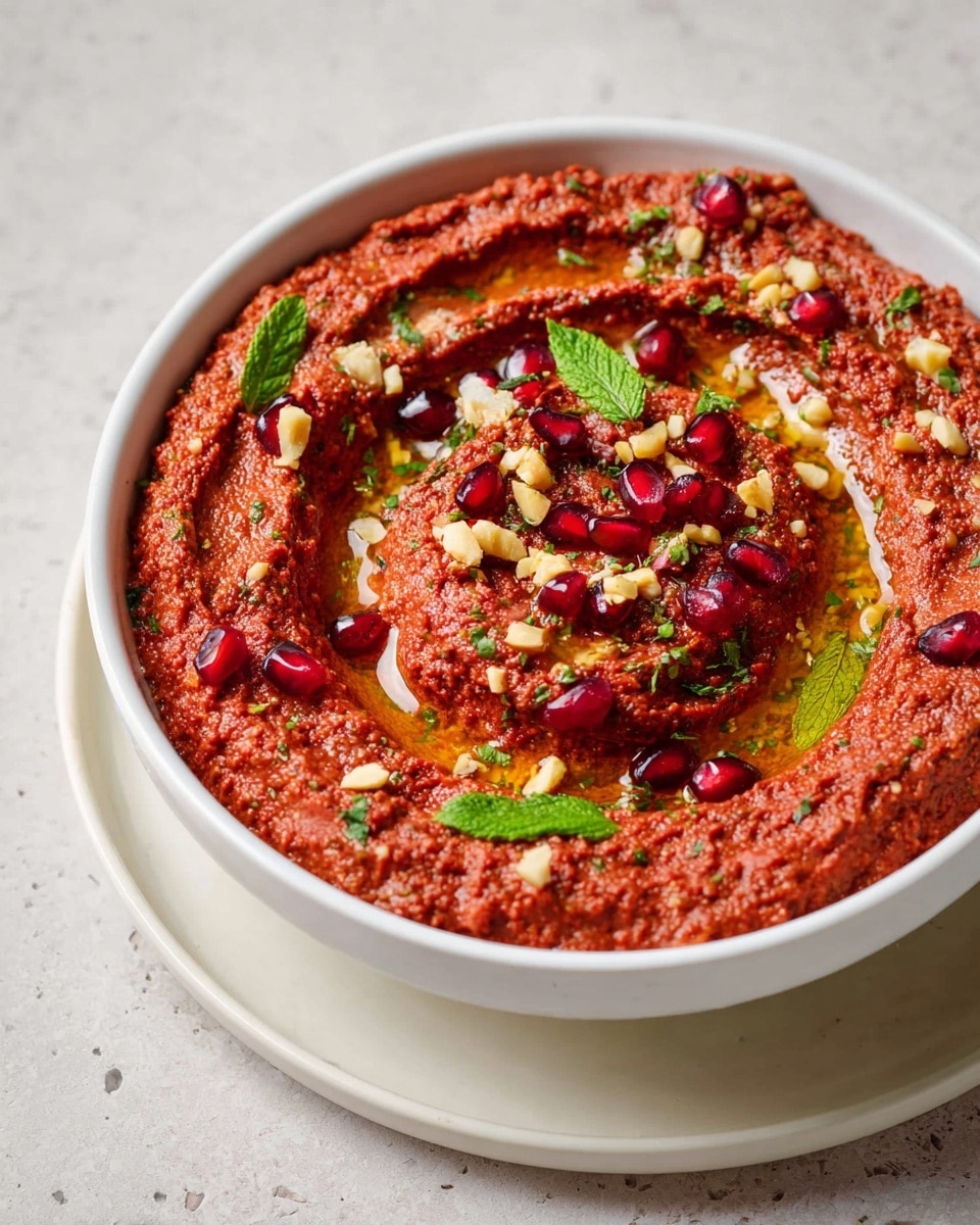 A white bowl filled with a thick, coarse textured red spread is centered on a white marbled surface. The spread is swirled with circular grooves on top, where golden olive oil pools in some areas. The spread is decorated with small, bright red pomegranate seeds, fresh green mint leaves, and chopped light brown nuts, scattered evenly across the surface. The bowl sits on a white plate with a lip that frames the bowl closely. photo taken with an iphone --ar 4:5 --v 7