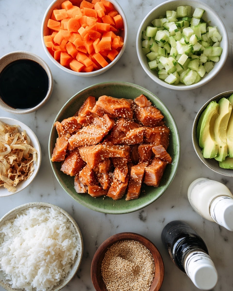 A green bowl filled with many pieces of orange cooked fish, placed on a white marbled surface. Around it are multiple bowls: one with bright orange diced carrots, one with green chopped cucumbers, one filled with white cooked rice, one with sliced green avocado, one with small light brown sesame seeds, and one with crispy fried onion bits. There are two sauce bottles, one black and one white. All bowls are white except the bowls with the fish and avocado. photo taken with an iphone --ar 4:5 --v 7