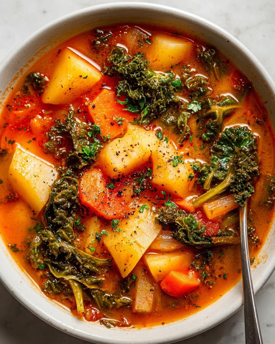 A white bowl filled with a rich orange-red soup, showing large chunks of yellow potato and bright orange carrot pieces. Dark green leafy kale with a textured, wrinkled surface floats throughout the soup. The broth is slightly oily with visible herbs and black pepper specks sprinkled on top. In the bottom right corner, a silver spoon rests inside the bowl. The bowl sits on a white marbled surface. photo taken with an iphone --ar 4:5 --v 7