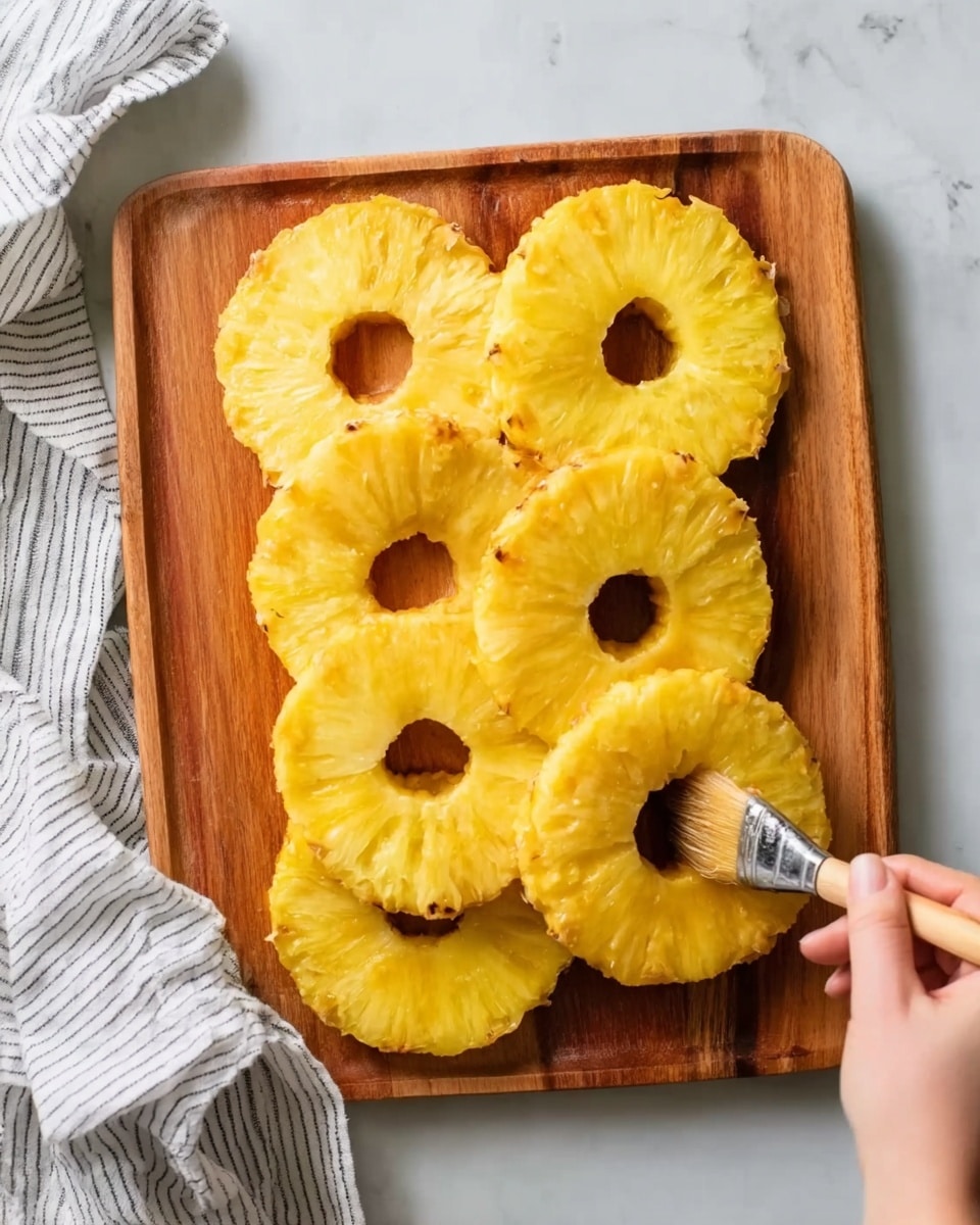 The image shows a wooden board placed on a white marbled surface, holding eight thick, round slices of bright yellow pineapple with a hole in the center of each. The pineapple slices are stacked unevenly in two layers, some overlapping. A woman’s hand is holding a brush that is applying a shiny glaze over the top pineapple slice, adding a light gloss texture. A white and gray striped cloth is partially visible on the top left corner of the frame. photo taken with an iphone --ar 4:5 --v 7