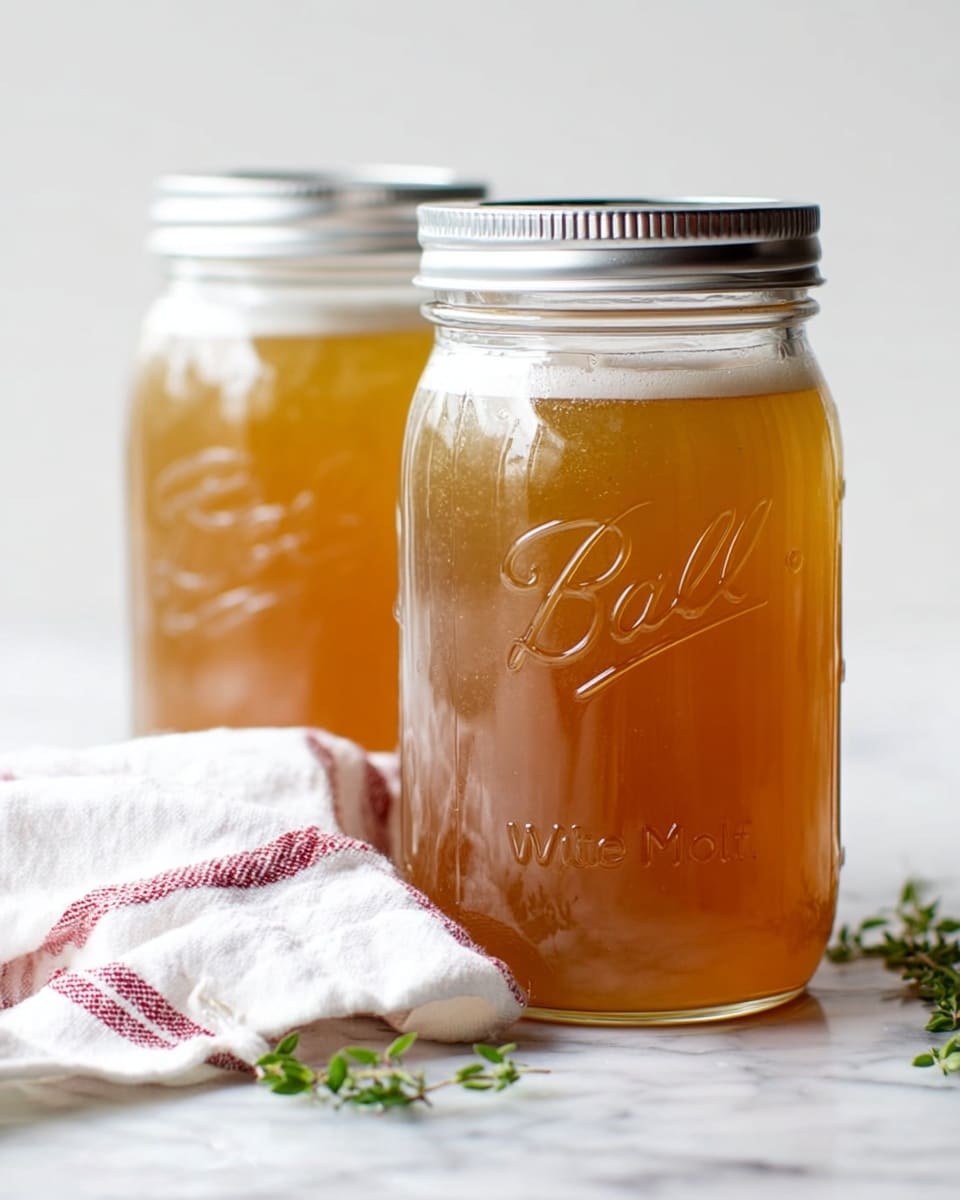 Two clear glass wide mouth jars filled with light brownish-golden liquid, one jar closer in front and the other slightly blurred in the background. Both jars have silver lids and clear embossing that says