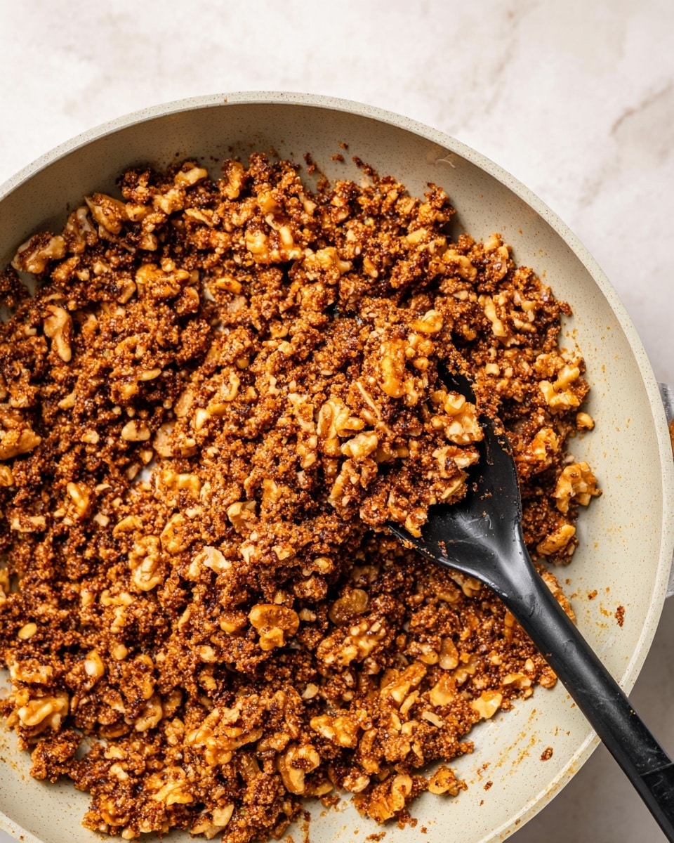 The image shows finely chopped cooked mushrooms and walnuts mixed together in a pan. The mixture is a rich brown color with bits of lighter tan from the walnuts and darker brown from the mushrooms. The texture looks slightly crumbly and moist, with some chunks clumping together. A black spoon is scooping some of the mixture from the bottom right side. The pan is pale with a white marbled texture beneath and around it. photo taken with an iphone --ar 4:5 --v 7