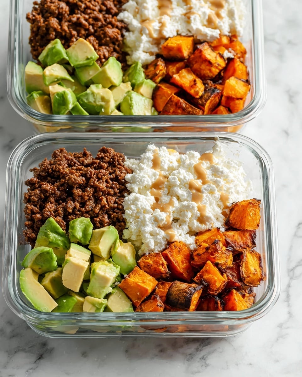 The image shows two clear glass containers on a white marbled surface, each holding a meal with four layers placed side by side. Starting from the left, there is a dark brown cooked ground meat layer with a crumbly texture. Next to it is a layer of diced green avocado pieces that look fresh and soft. In the center top part of the containers, there is a fluffy white cottage cheese layer piled high, with the bottom container showing a drizzle of light brown sauce on top. The right side has chunks of roasted orange sweet potatoes with a slightly charred, crispy outer texture. Photo taken with an iphone --ar 4:5 --v 7