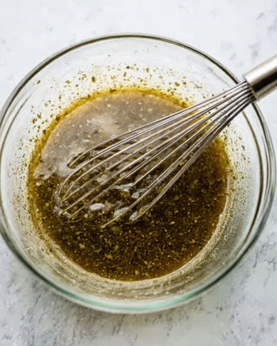 A clear glass bowl on a white marbled surface filled halfway with a greenish-brown mixture that has visible small bits of herbs and spices floating in it. A metal whisk is resting inside the bowl, lifting some of the mixture, showing its slightly oily texture with tiny bubbles. The lighting highlights the shine on the bowl and the wet gloss of the mixture. Photo taken with an iphone --ar 4:5 --v 7