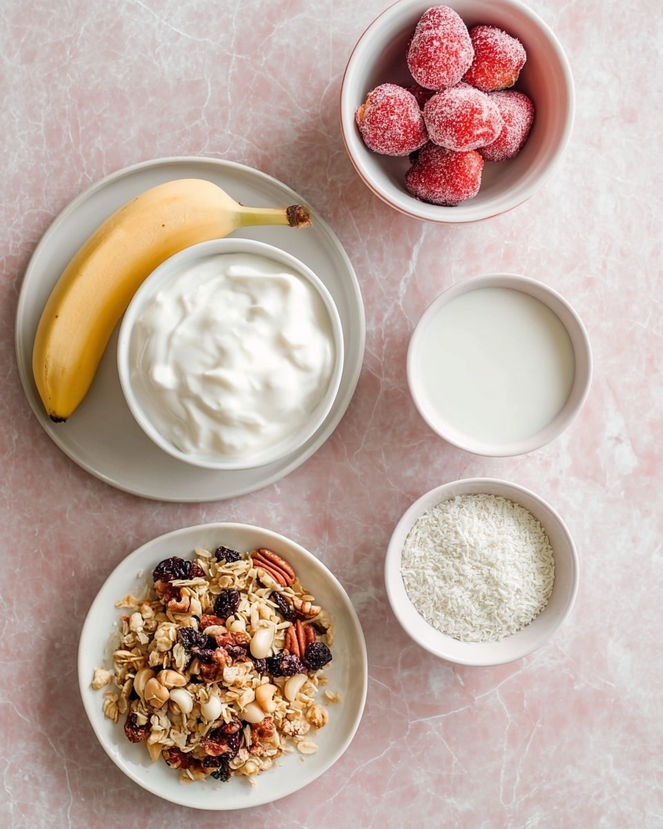 The image shows a flat lay of breakfast ingredients on a white marbled surface. There is a white bowl filled with thick white yogurt placed on a round white plate along with a peeled half banana on the side. Above it, there is a white bowl with five frozen strawberries covered with frost. Next to it, there is a small white bowl filled with white milk. Below, on the right side, there is a white bowl filled with small white grains, and on the bottom left, a shallow white plate holds granola with mixed nuts and dried berries scattered on top. photo taken with an iphone --ar 4:5 --v 7