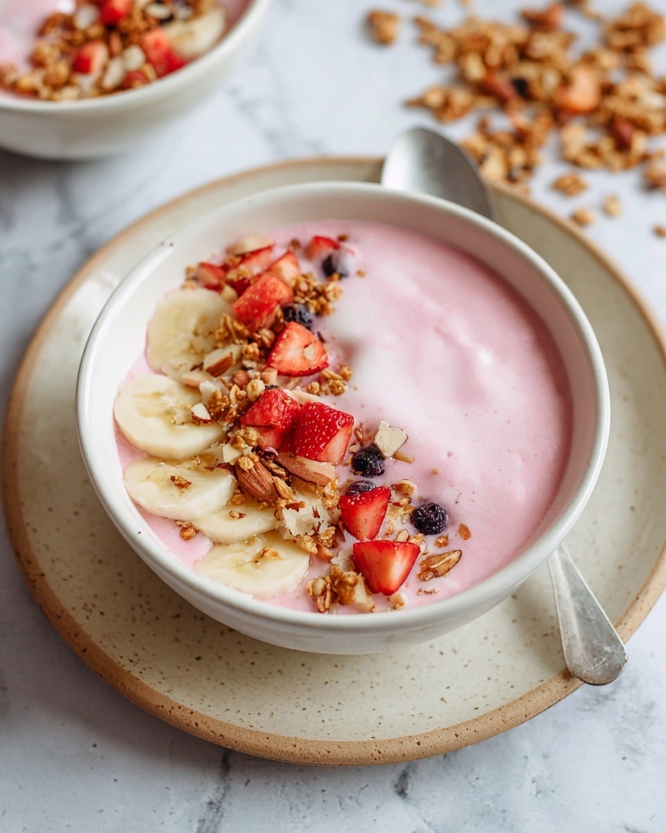 A white bowl filled with a pink smooth yogurt base takes up most of the space. On top, there is a line of sliced light yellow bananas, finely chopped red strawberries, and small clusters of golden brown granola mixed with nuts like almonds. A few dark blueberries are scattered among the granola. The bowl sits on a speckled beige plate over a white marbled surface, with part of a spoon visible to the side. In the blurred background, there is another white bowl with granola spilling out around it. photo taken with an iphone --ar 4:5 --v 7