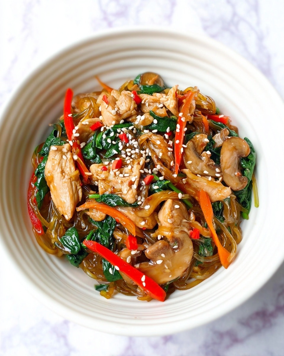 A white bowl filled with glossy translucent noodles layered at the bottom, topped with pieces of light brown cooked chicken, browned slices of mushrooms, bright green spinach leaves, thin strips of red bell pepper, and thin orange carrot strips. The dish is sprinkled with white sesame seeds and small bits of red chili. Everything looks fresh and mixed well, with the colors contrasting against the white bowl and a white marbled surface underneath. photo taken with an iphone --ar 4:5 --v 7