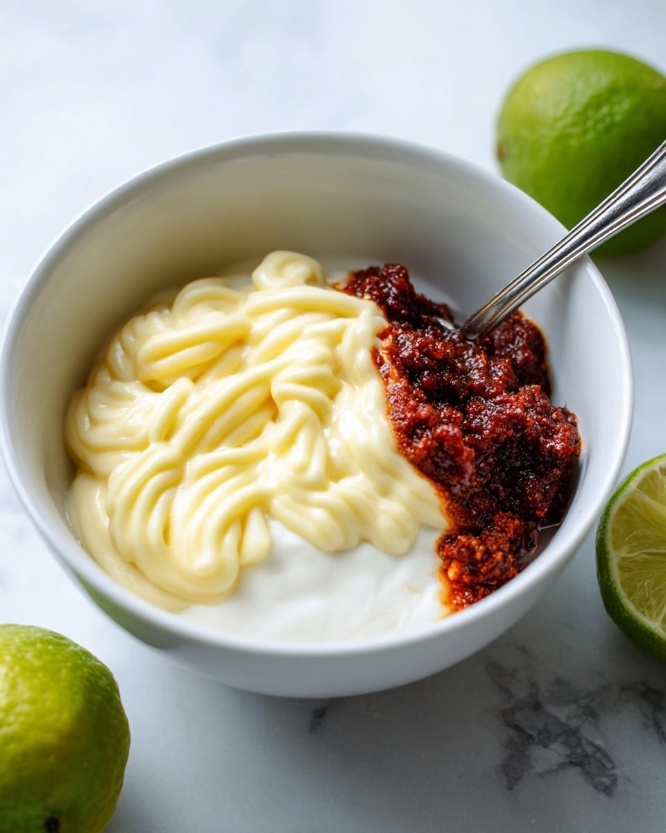 In a white bowl placed on a white marbled surface, there are three layers: a base of thick white cream, a generous topping of pale yellow mayonnaise swirled in soft waves, and a chunky dark red-brown paste with a slightly rough texture on the side. A silver spoon is partially buried in the bowl, angled upright behind the layers. Bright green lime halves and a full lime are visible near the bowl, adding a fresh pop of color. The photo taken with an iphone --ar 4:5 --v 7