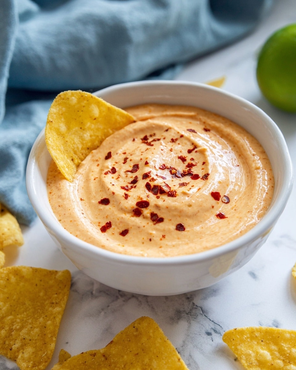 A white bowl filled with a creamy light orange dip that has a smooth texture, topped with small red chili flakes in the center. One yellow, crispy chip is dipped inside the bowl on the left side, standing up. Around the bowl, there are a few more yellow chips placed on a white marbled surface. In the background, there is a soft blue cloth and a green lime, slightly out of focus. Photo taken with an iphone --ar 4:5 --v 7