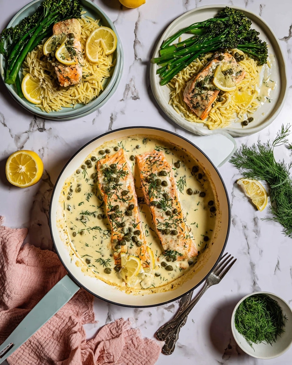 The image shows a meal with two cooked salmon fillets in a white pan, covered with a light creamy sauce with green capers and fresh dill scattered on top, and garnished with thin lemon slices. Surrounding the pan are two white plates each layered with a bed of orzo pasta in light yellow, a salmon fillet topped with the creamy caper sauce, and steamed broccolini on the side in dark green. One plate has a fork on the salmon, and there are extra lemon slices and a small white bowl with chopped dill on the white marbled surface. A soft pink cloth is placed near one plate, and a woman's hand is holding a fork beside it. Photo taken with an iphone --ar 4:5 --v 7