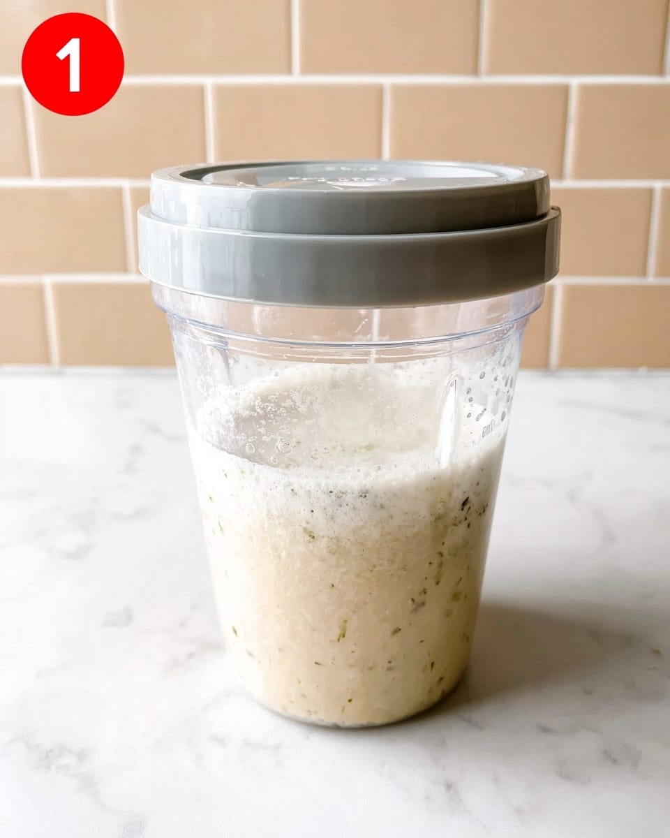 A close-up image of a small clear plastic blender cup filled with a foamy, creamy light beige liquid with tiny green specks scattered inside. The cup has a gray lid attached on top and is placed on a surface. The background shows light beige tiles, but the visible surface below the cup has been changed to a white marbled texture. There is a red circle with the number