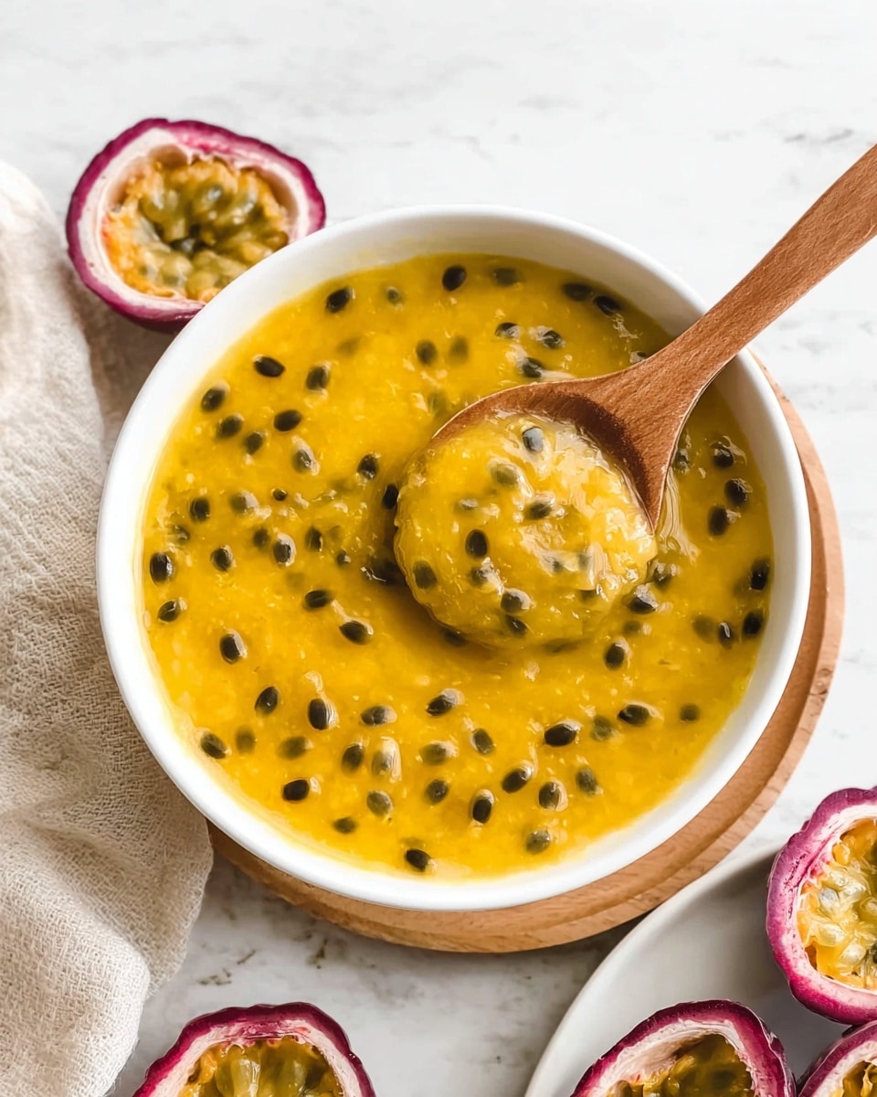 A white bowl filled with bright yellow passion fruit pulp, speckled with many small, shiny black seeds spread evenly throughout the thick liquid. A light pink spoon is partially dipped into the pulp on the right side of the bowl. The bowl sits on a beige cloth that rests on a round wooden board, which contrasts with the white marbled surface underneath. Around the bowl, there are halves of passion fruits showing their dark purple outer skin and yellow juicy inside with seeds. Photo taken with an iphone --ar 4:5 --v 7