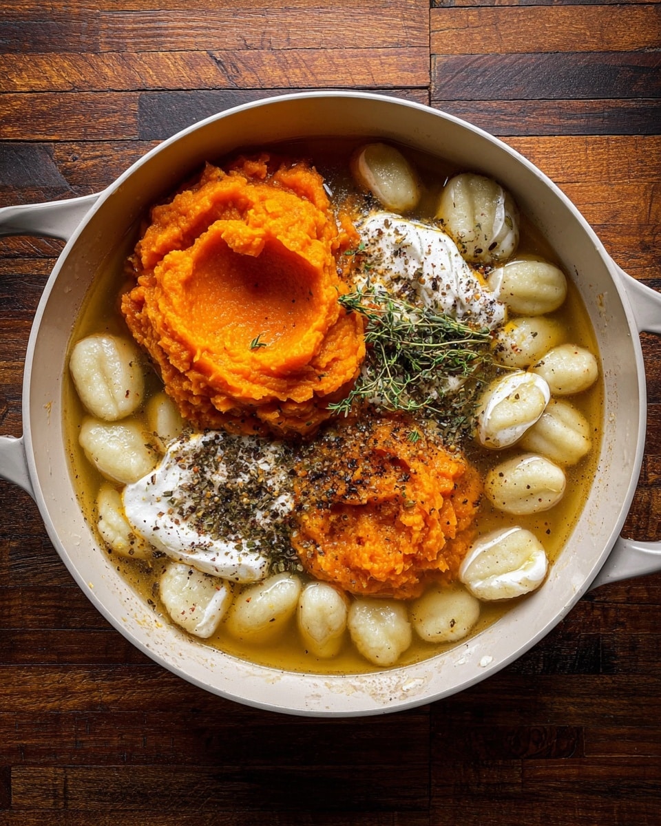 A white pan holds several ingredients in clear broth; around the edges are small, folded white gnocchi floating gently. Near the center, there is a large scoop of bright orange mashed sweet potatoes with a thick texture. Above it, dollops of white cream are placed, topped with scattered black pepper and dried herbs. The pan is set on a wooden surface with a rich brown tone and grain texture. photo taken with an iphone --ar 4:5 --v 7