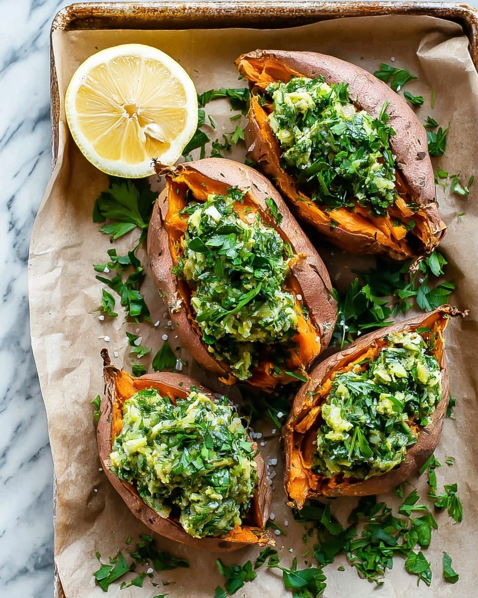 Four baked sweet potatoes are placed on a beige parchment paper inside a tray. Each sweet potato is cut open and filled with a green, creamy mixture made of finely chopped herbs and vegetables. The sweet potato skin is brown and slightly wrinkled, while the inside is a bright orange. Some fresh green herbs are scattered around them on the parchment. A half lemon with a pale yellow interior is positioned to the top left on the parchment. The background is a white marbled surface. photo taken with an iphone --ar 4:5 --v 7