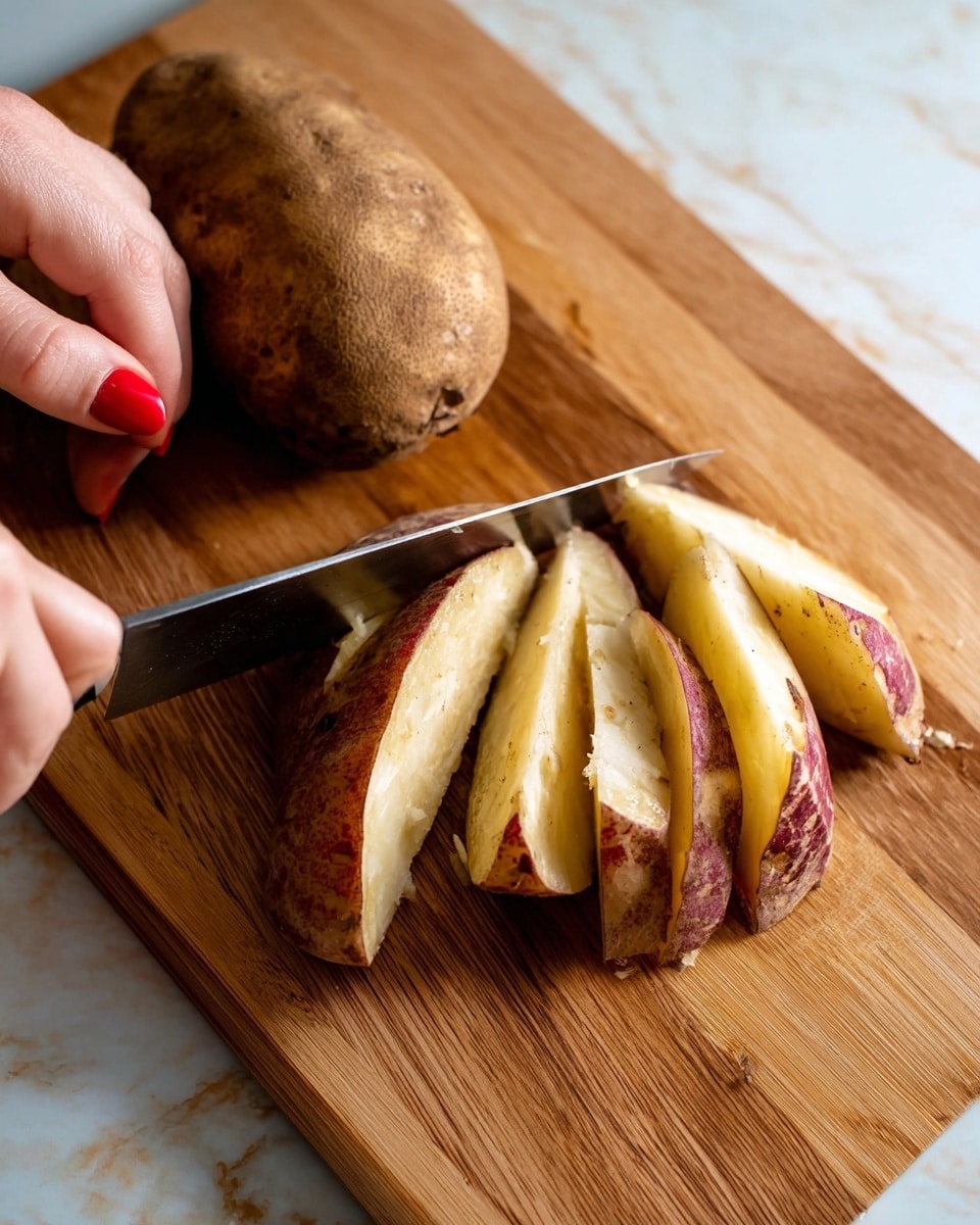 A close-up view shows a woman's hand with red nail polish holding a knife that is slicing a brown potato on a wooden cutting board. The potato is partially cut into thick, long wedges, with a few wedges lying atop the remaining potato on the board. The background features a white marbled surface, adding a clean and bright contrast to the wooden board and the earthy potatoes. photo taken with an iphone --ar 4:5 --v 7