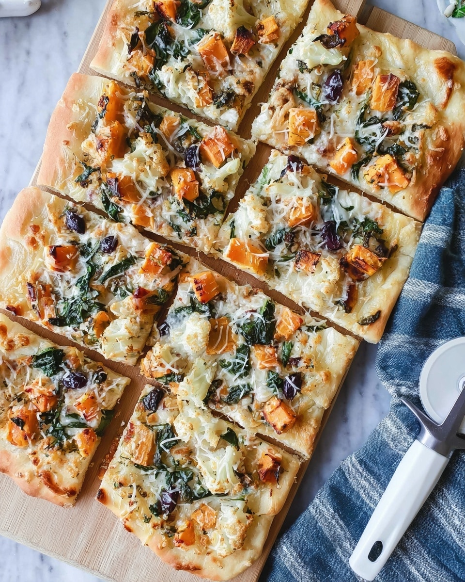 The image shows a rectangular flatbread pizza cut into eight square slices on a light wooden board. The flatbread has a golden-brown crust with a slightly puffy edge. The first layer is a thin spread of white sauce or cheese covering the dough. On top, there are scattered pieces of roasted orange sweet potato cubes and small white cauliflower florets with light browning. Dark green spinach leaves and small dark olives are evenly spread across the surface. A melted layer of shredded white cheese covers the toppings, creating a lightly creamy texture. On the right side, a white pizza cutter rests on a folded blue and white striped cloth, all set on a white marbled tabletop. photo taken with an iphone --ar 4:5 --v 7