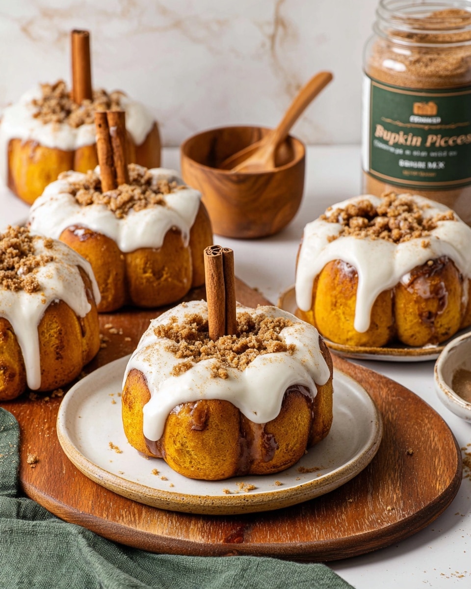 The image shows four small pumpkin-shaped rolls made of soft, orange-brown dough arranged closely together on a wooden board and a white plate. Each roll is divided into curved sections like a pumpkin and topped with a thick white icing that drips over the sides. On top of the icing, there are brown crumbly streusel pieces and a cinnamon stick standing upright in the center of each roll. The background has a white marbled texture, and there is a jar labeled