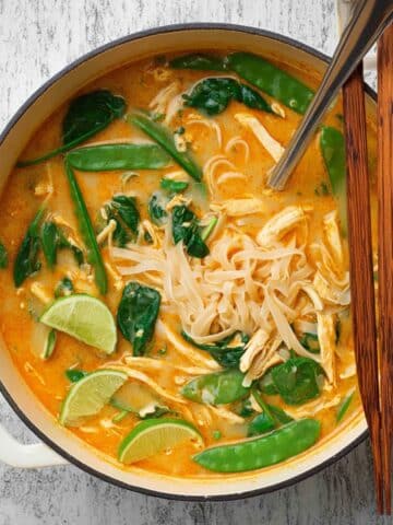 Coconut Curry Chicken Soup with Rice Noodles and Spinach Recipe