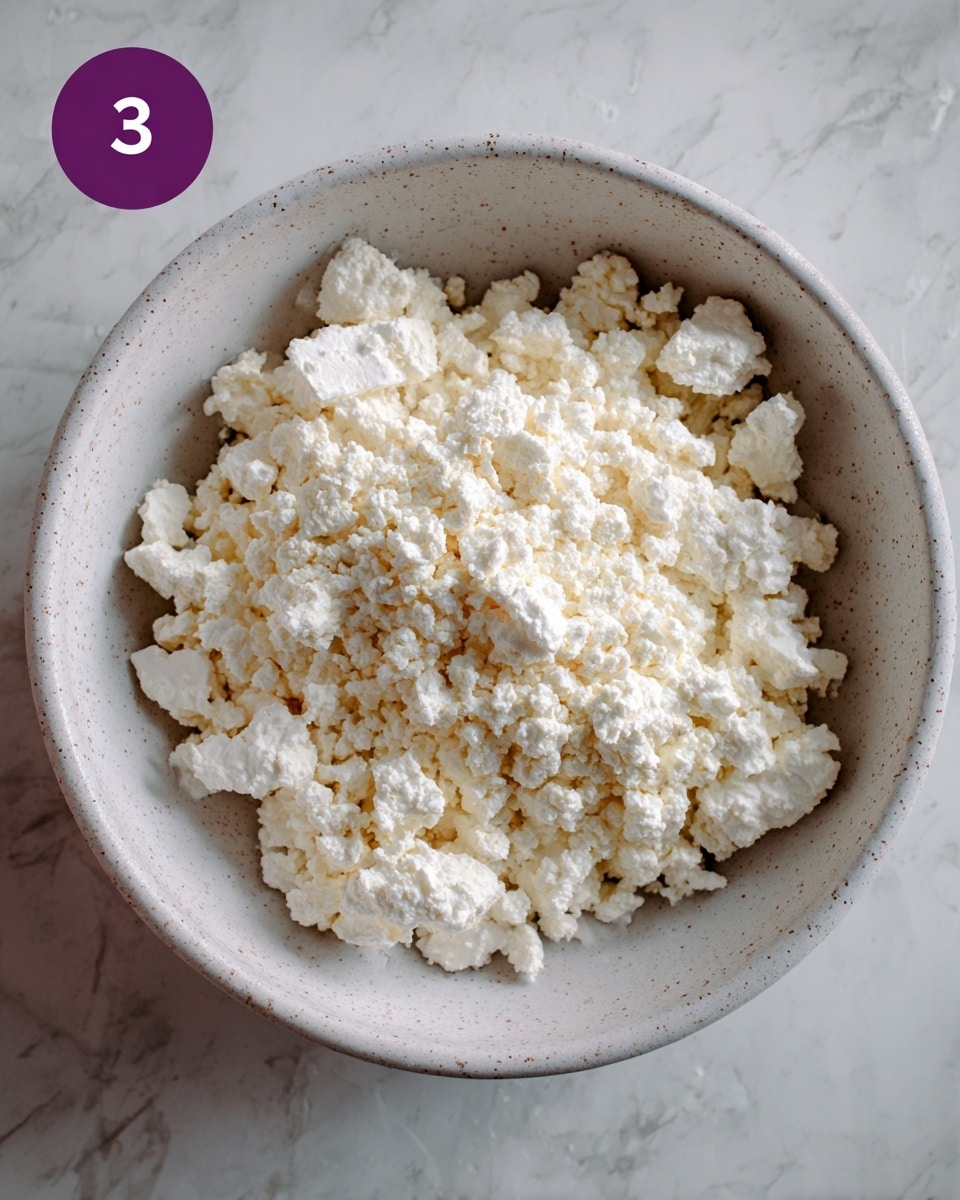 A close-up image of a white bowl filled with a single layer of white crumbly curd cheese with small, uneven chunks and a slightly grainy texture. The bowl sits on a white marbled surface, and there is a purple circle with the number 3 in the upper left corner. Photo taken with an iphone --ar 4:5 --v 7