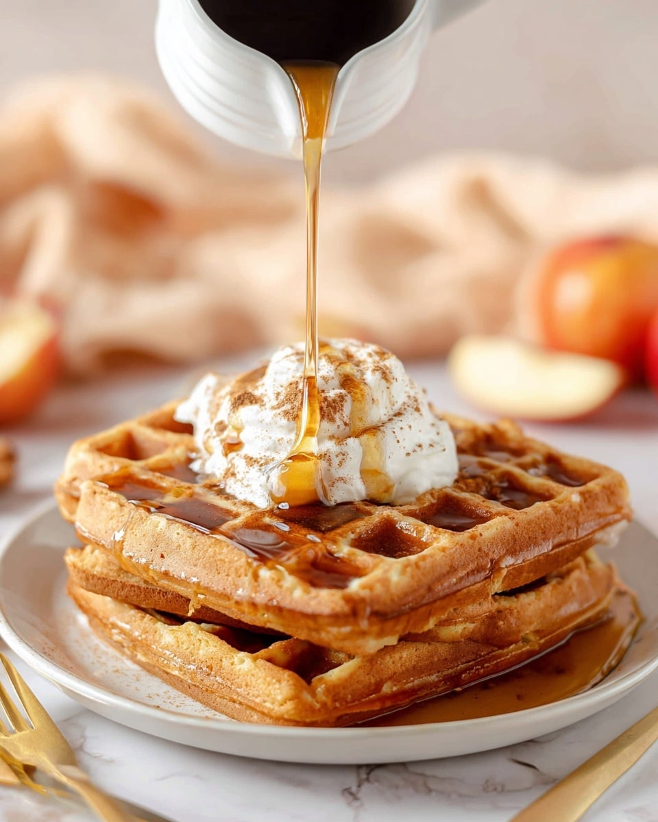 A stack of three golden brown waffles with a visible grid pattern sits on a plain white plate. On top, there is a dollop of whipped cream sprinkled with light brown cinnamon powder. A thin stream of golden syrup is poured from a white curved jug, flowing down over the whipped cream and slightly pooling in the waffle squares. The background is a soft white marbled texture, with blurred warm tones and some gold forks and sliced apples visible. The image is captured close-up, highlighting the syrup’s smooth flow and the waffles' texture. Photo taken with an iphone --ar 4:5 --v 7