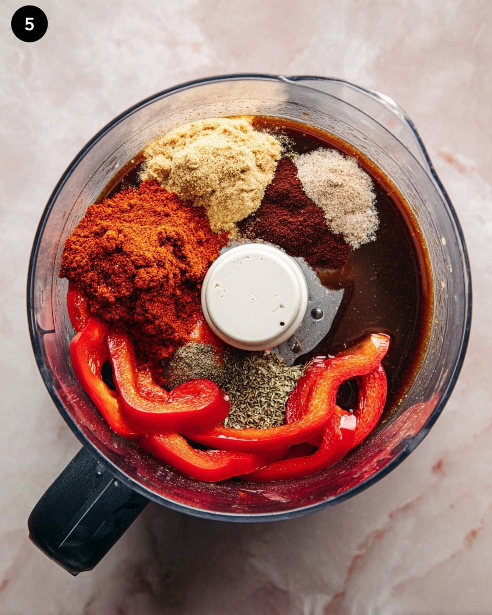 A clear food processor bowl shows several ingredients layered inside: at the bottom, shiny dark brown liquid, above it, several smooth, bright red roasted pepper slices spread around, and in the top half, small piles of light brown minced garlic, greenish-brown ground cumin, dark red chili powder, and white salt arranged around the central white blade. The food processor is placed on a white marbled surface. photo taken with an iphone --ar 4:5 --v 7