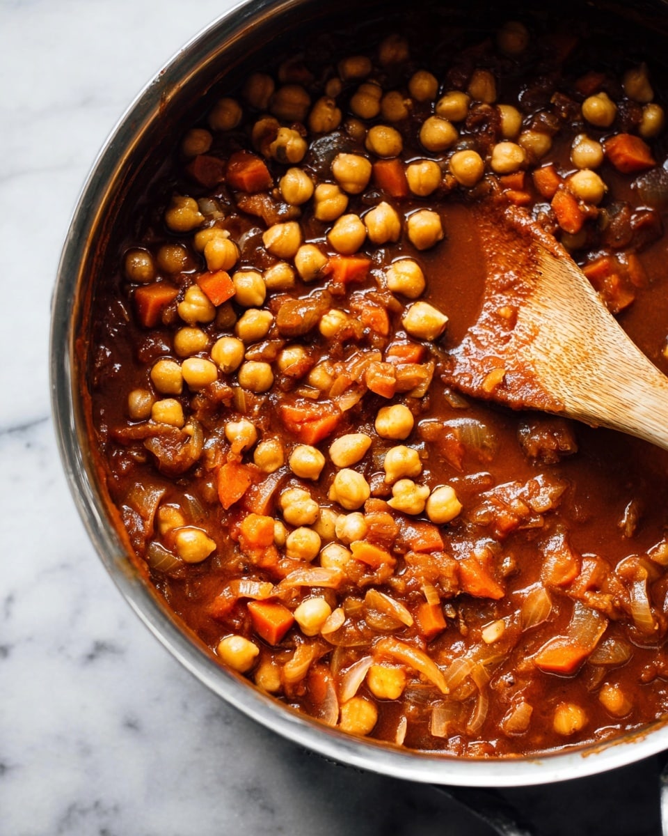 A close-up view of a pot filled with thick stew, with three main layers: the bottom layer is a rich, shiny reddish-brown sauce, the middle layer is made up of small round chickpeas with a light beige color, and the top layer includes chunks of orange carrots and onions in soft golden white; a wooden spoon is partially submerged on the right side, with sauce coating its surface, and the pot's metal rim is shiny and silver. The photo is taken on a white marbled surface. photo taken with an iphone --ar 4:5 --v 7