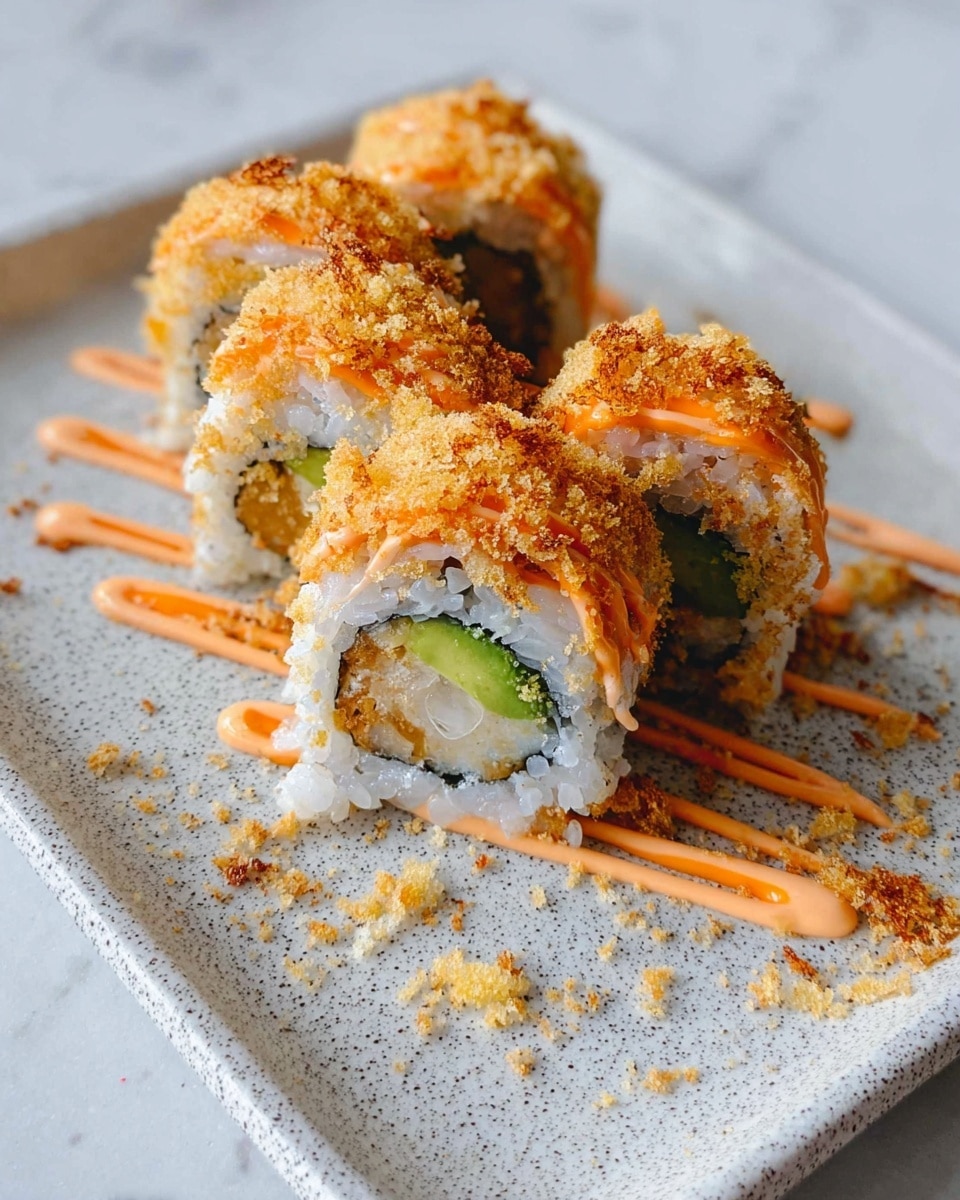 The image shows three sushi rolls placed diagonally on a stone-gray textured surface changed to white marbled texture. Each sushi roll has a base layer of white rice wrapped around green cucumber and pink filling inside. On top of the rice is a bright orange sauce layer with a smooth texture, drizzled generously. The very top is covered with a light brown, crispy crumb layer scattered on and around the rolls, adding texture and color contrast. The overall look is neat with the sauce slightly dripping on the surface. photo taken with an iphone --ar 4:5 --v 7