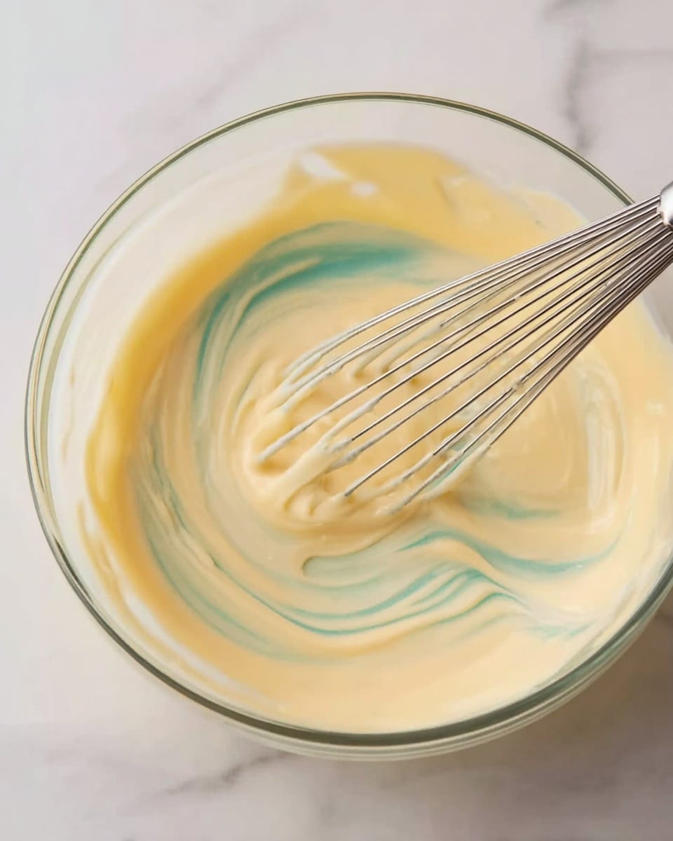A close-up image shows a clear glass bowl filled with a creamy light yellow mixture. A metal whisk with thin wires is partially dipped in the bowl, stirring the mixture, creating gentle swirls and ribbons. The background and surface beneath the bowl are a white marbled texture, adding a clean and bright feel to the scene. photo taken with an iphone --ar 4:5 --v 7