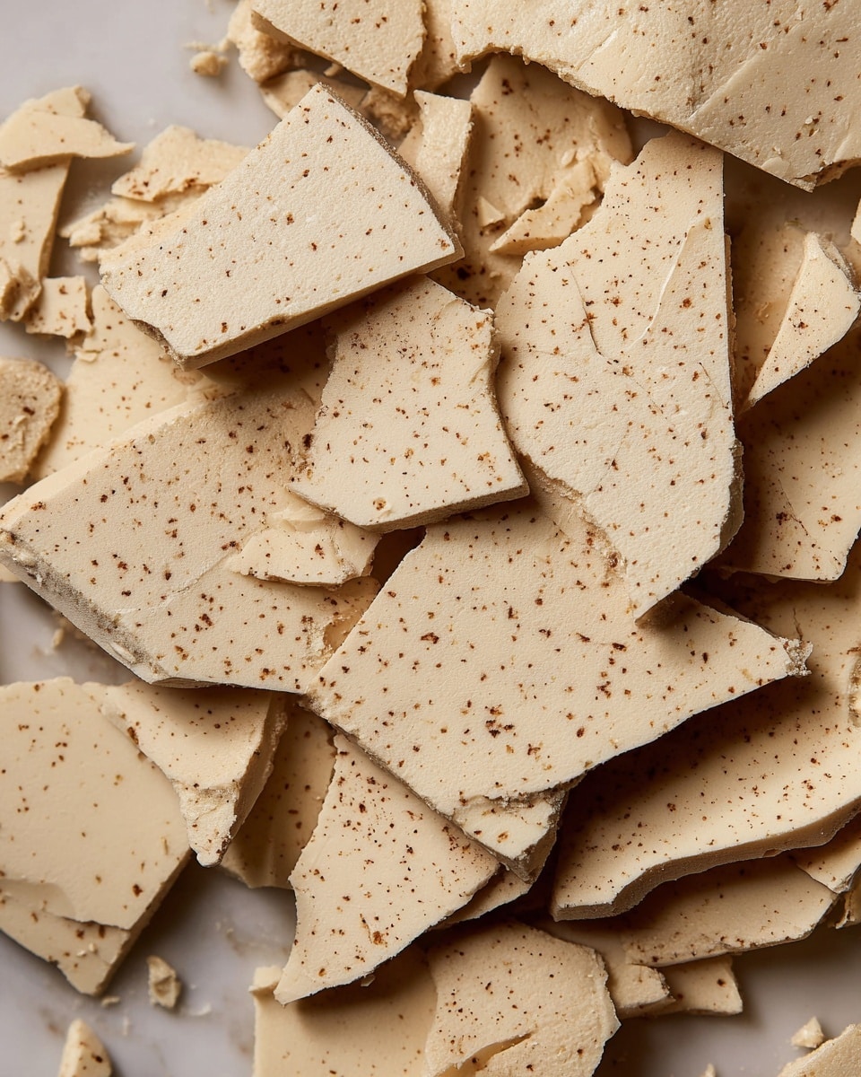 The image shows many broken pieces of a light beige, creamy bark with tiny specks of darker brown scattered through it. The bark pieces are irregular shapes, about two layers thick, and they lie closely stacked with some overlapping each other on a white marbled surface. The texture looks smooth but firm, with crumbly edges on the broken parts. photo taken with an iphone --ar 4:5 --v 7