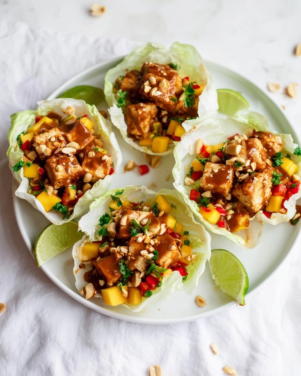 Four white cabbage leaves shaped like cups sit on a white plate over a white marbled surface. Each leaf holds a layer of colorful diced mango and red bell pepper mixed with green herbs at the bottom. On top of this is a layer of golden-brown fried tofu pieces covered by a smooth brown sauce. The tofu is sprinkled with chopped peanuts, adding texture. Around the plate are small lime wedges and scattered peanuts. The scene looks fresh and bright, photo taken with an iphone --ar 4:5 --v 7