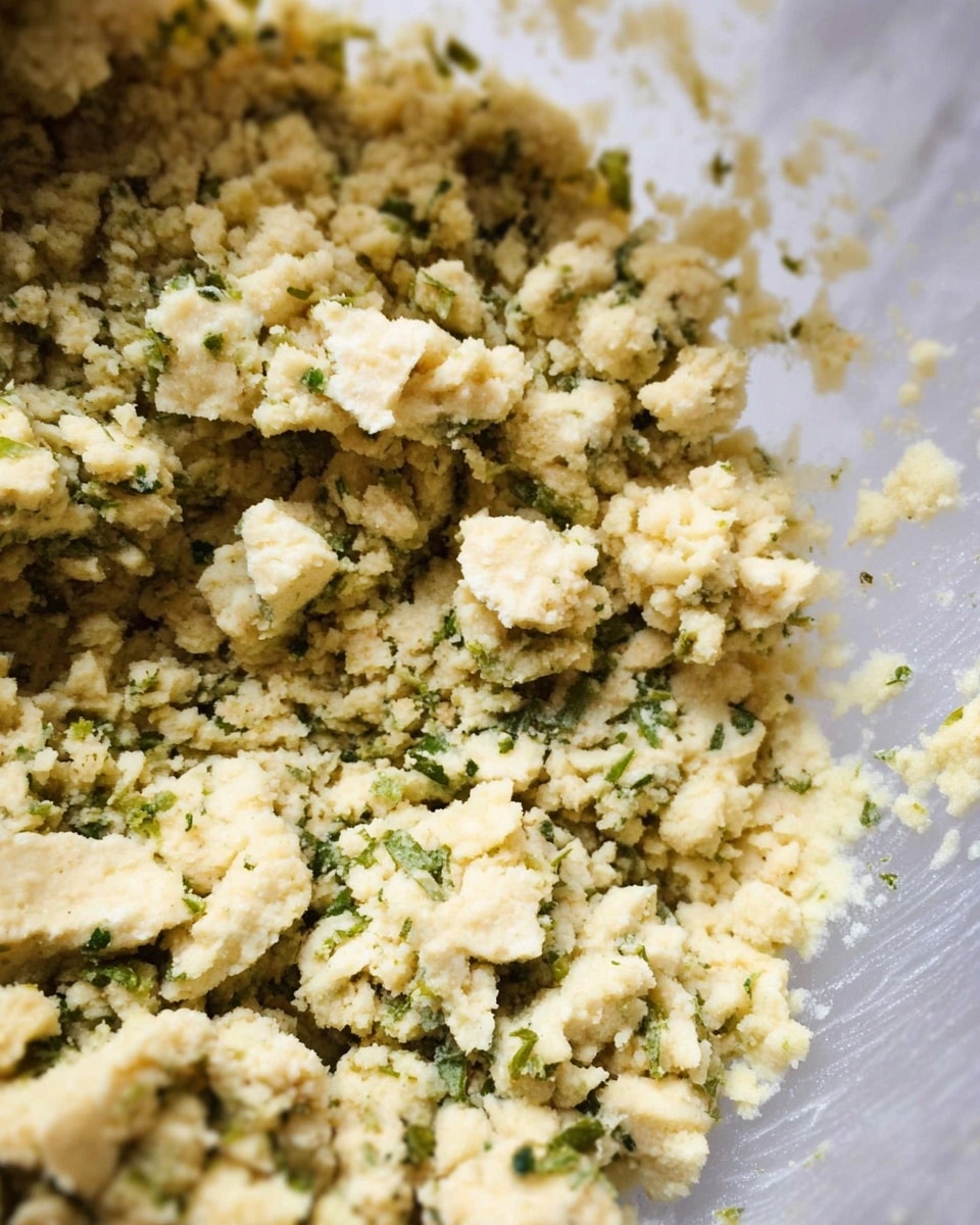 A close-up view of a mixture with a crumbly, coarse texture that has small chunks of light beige pieces mixed with scattered bright green herb bits. The mixture looks soft yet slightly firm and is shown inside a mostly white bowl with some mixture stuck to the sides. The background has a white marbled texture. photo taken with an iphone --ar 4:5 --v 7