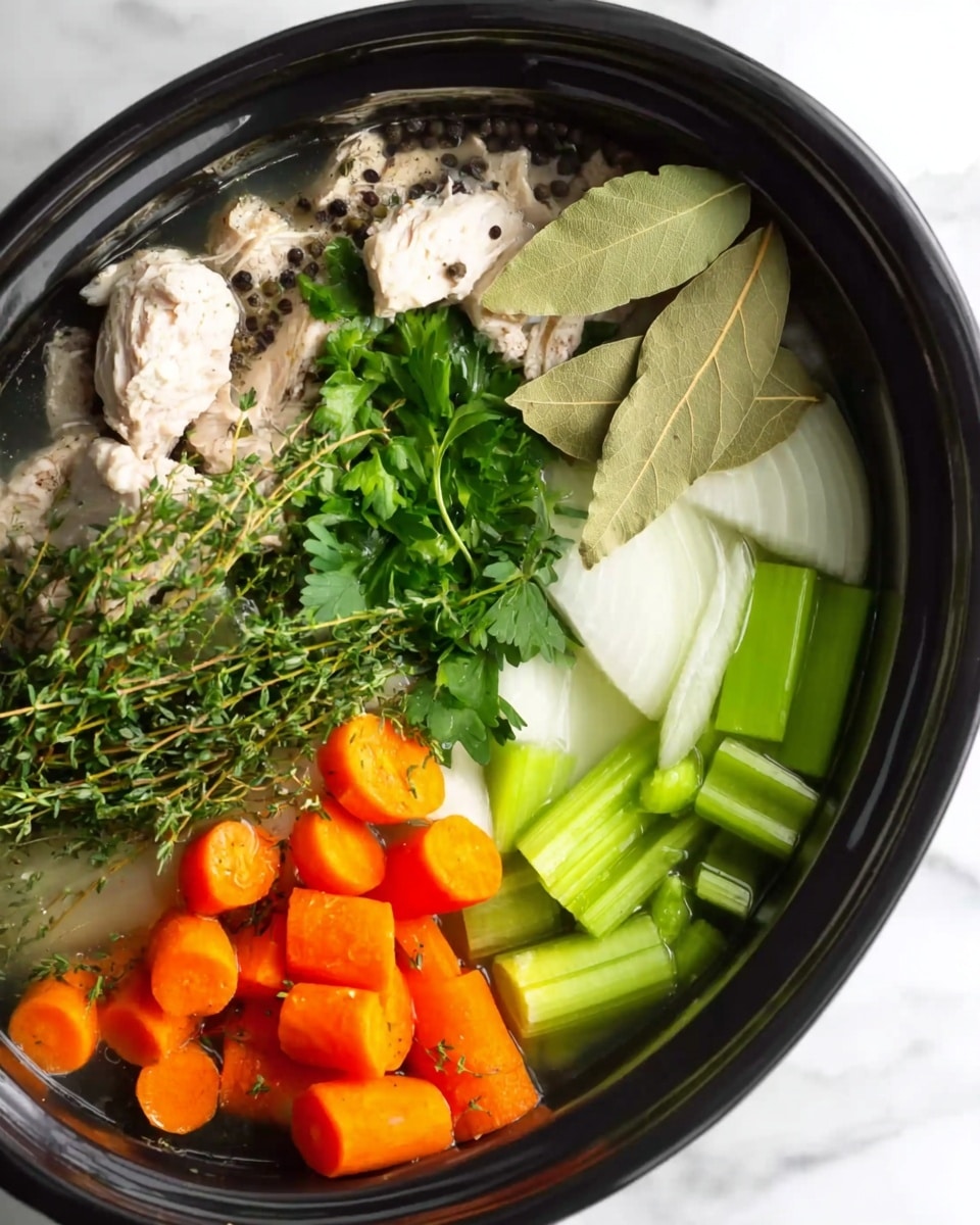 A black pot filled with layers of ingredients including bright orange carrot pieces and light green celery sticks at the bottom right, fresh green parsley and thyme branches scattered along the left side, chunks of cooked white and brown chicken placed near the center, thick slices of white onion sitting in the middle, green scallions on the top right, two light brown bay leaves resting over the carrots, and black peppercorns mixed throughout. The background is a white marbled texture. Photo taken with an iphone --ar 4:5 --v 7